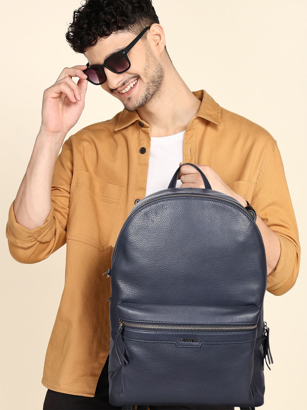 

Sassora Men Premium Leather Backpack with Compression Straps, Navy blue