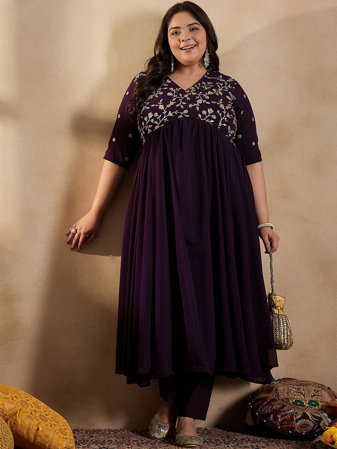 

INDDUS PLUS Floral Embroidered Empire Sequinned Georgette Anarkali Kurta with Trousers, Purple