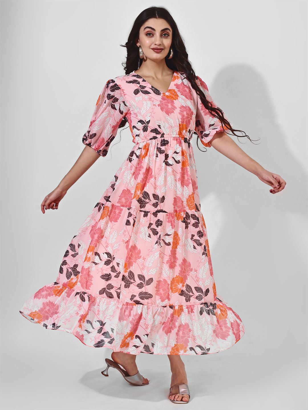 

Fbella Women Floral Printed Georgette Tiered Fit & Flare Maxi Dress, Pink
