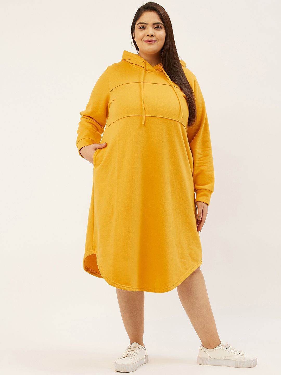 

theRebelinme Women Cotton Hood Long Sleeves Plus Size A-Line Midi Dress, Mustard