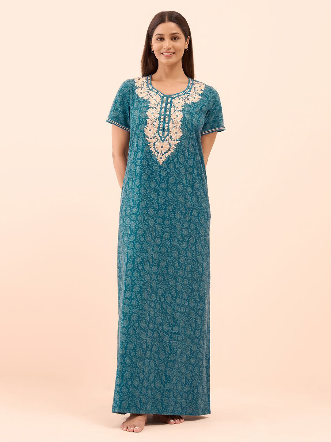

Maybell Women Everyday Floral Printed Regular Maxi Nightdress, Turquoise blue