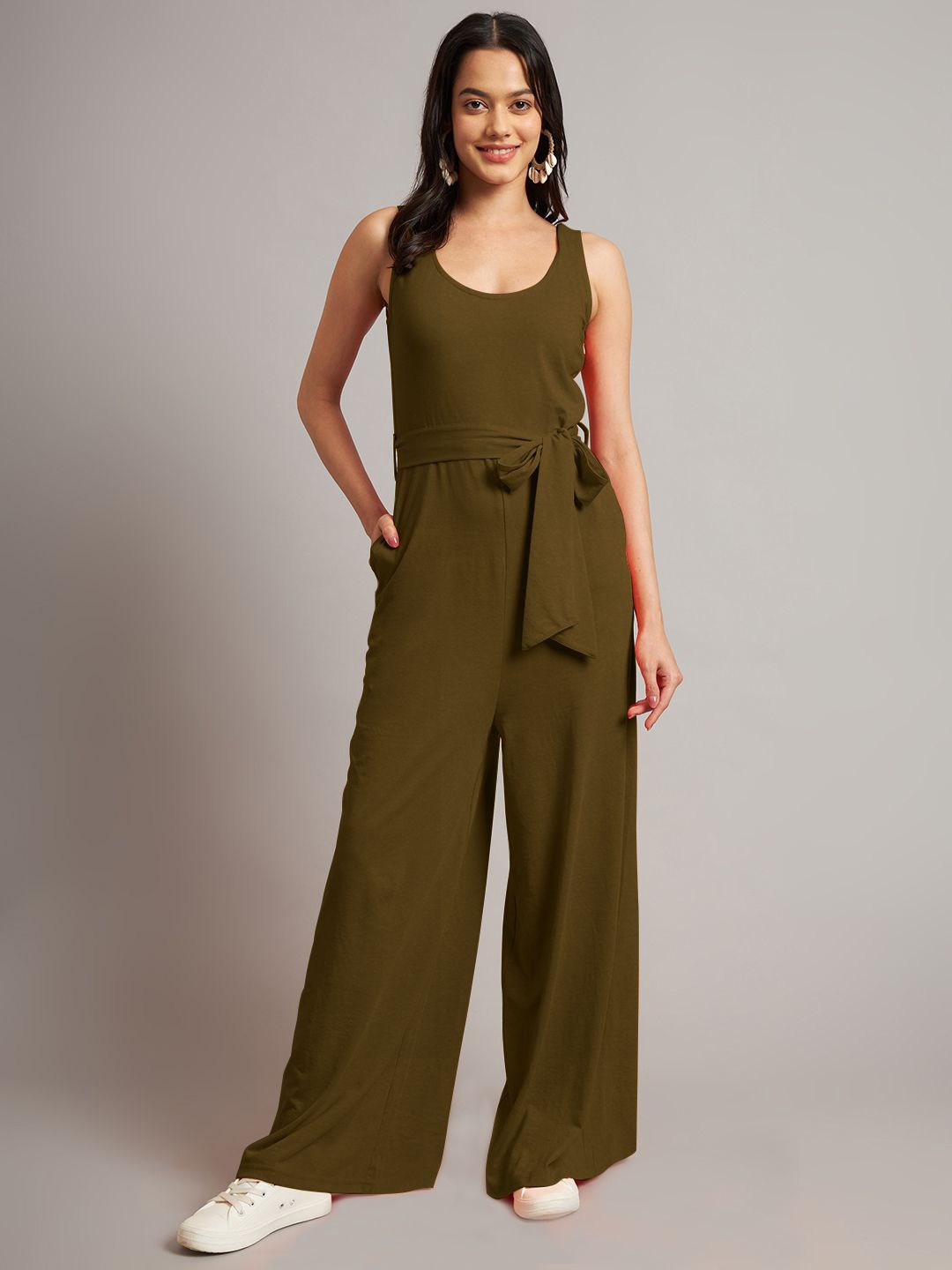

BRINNS Women Cotton Waist Tie-Ups Basic Jumpsuit, Olive