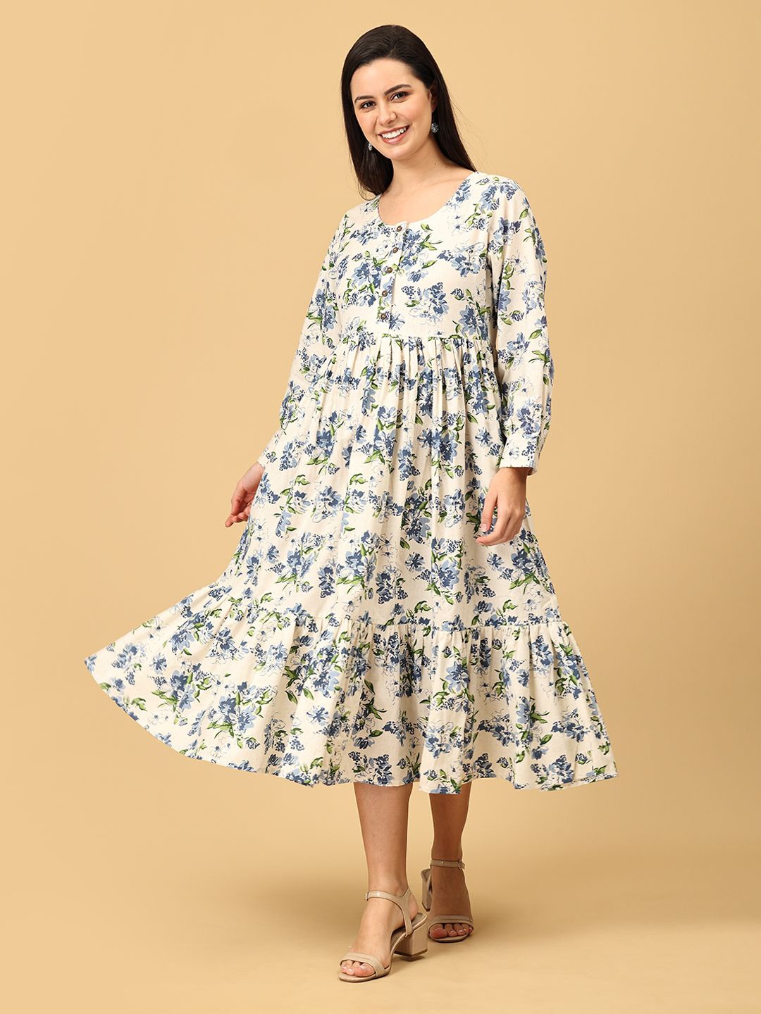 

The Mom Store Floral Printed Fit and Flare Midi Maternity Dress, Cream