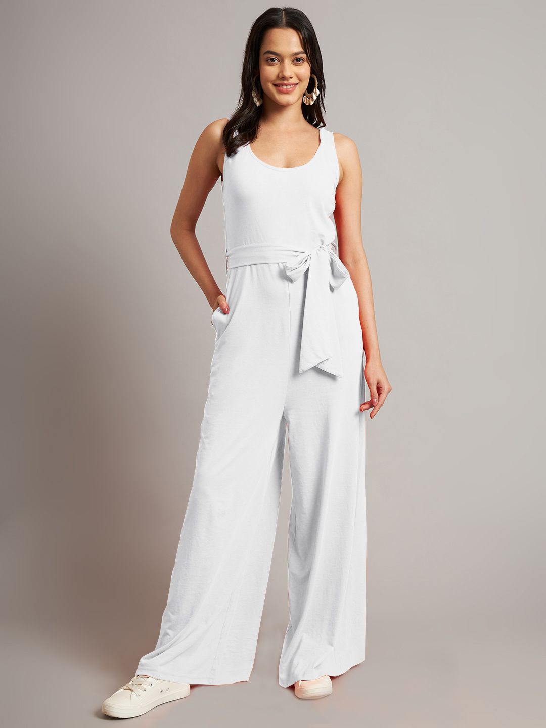 

BRINNS Women Cotton Round Neck Sleeveless Basic Jumpsuit, White