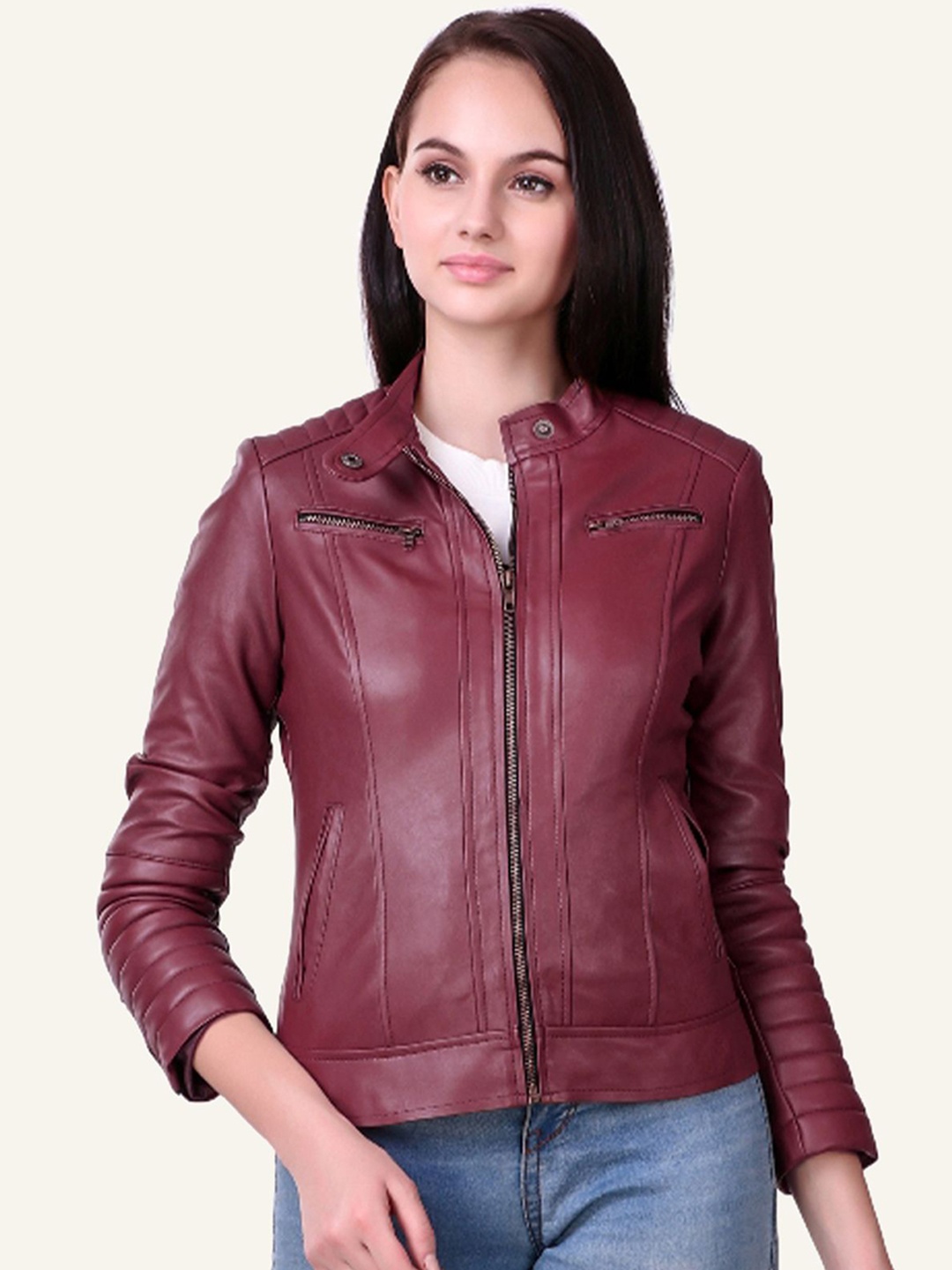 

Leather Retail Women Solid PU Biker Jacket, Maroon