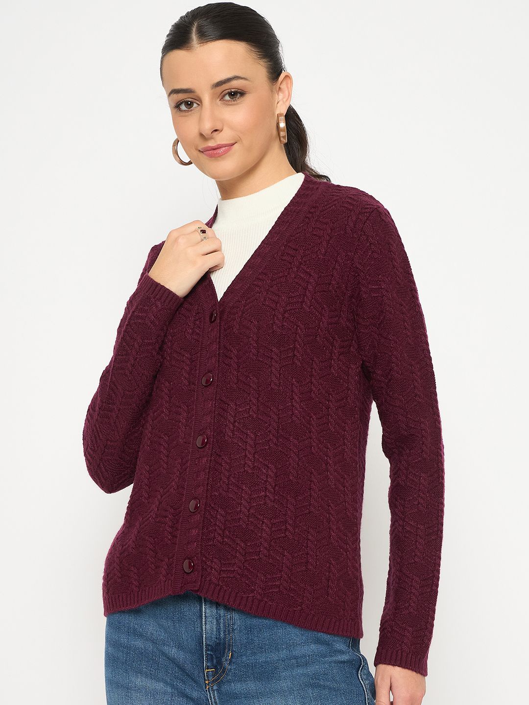 

Madame Women Cable Knit Cardigan Sweaters, Maroon