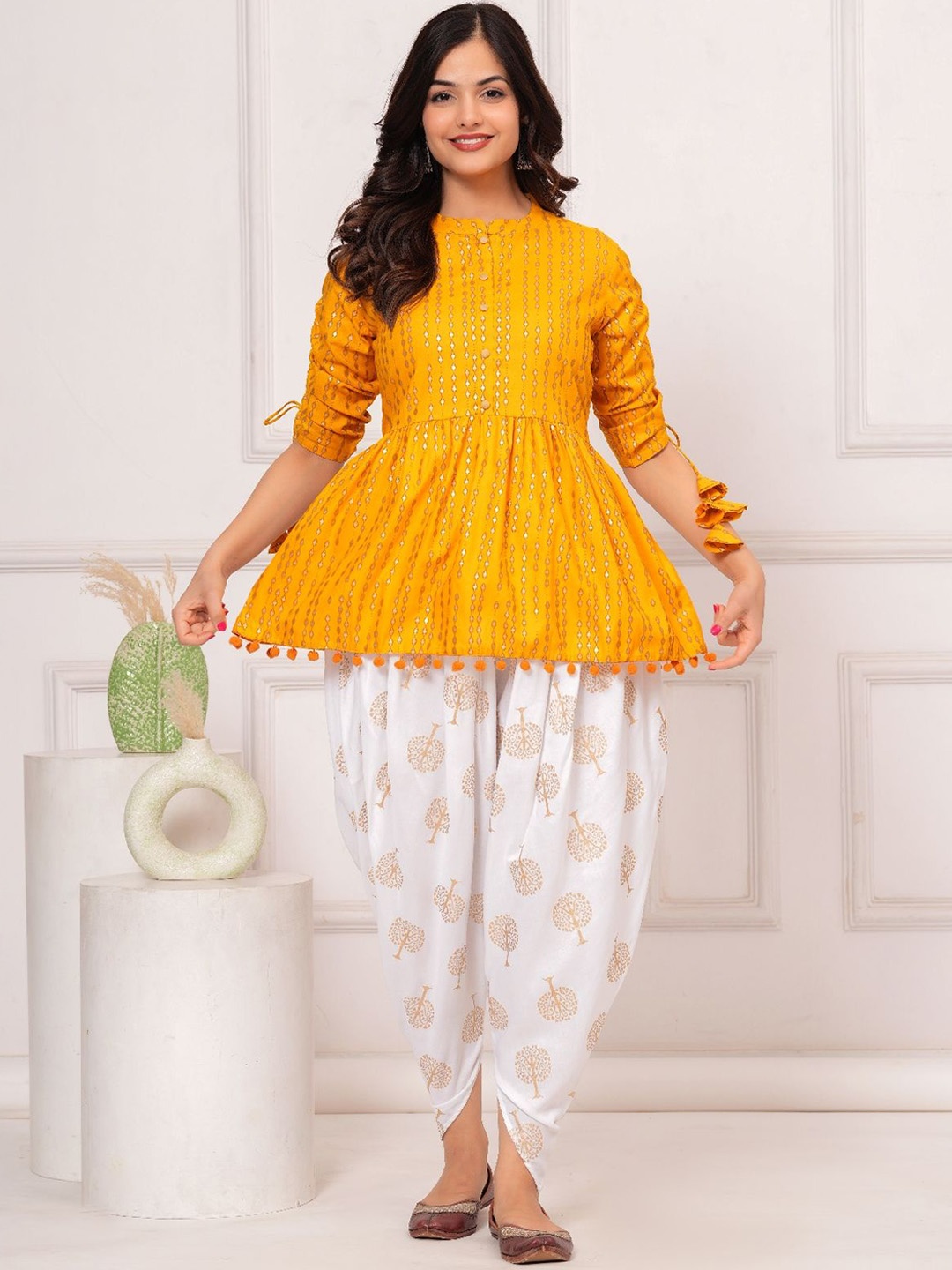 

Royal Marque Geometric Printed Mandarin Collar A-Line Kurti With Dhoti Pant, Mustard