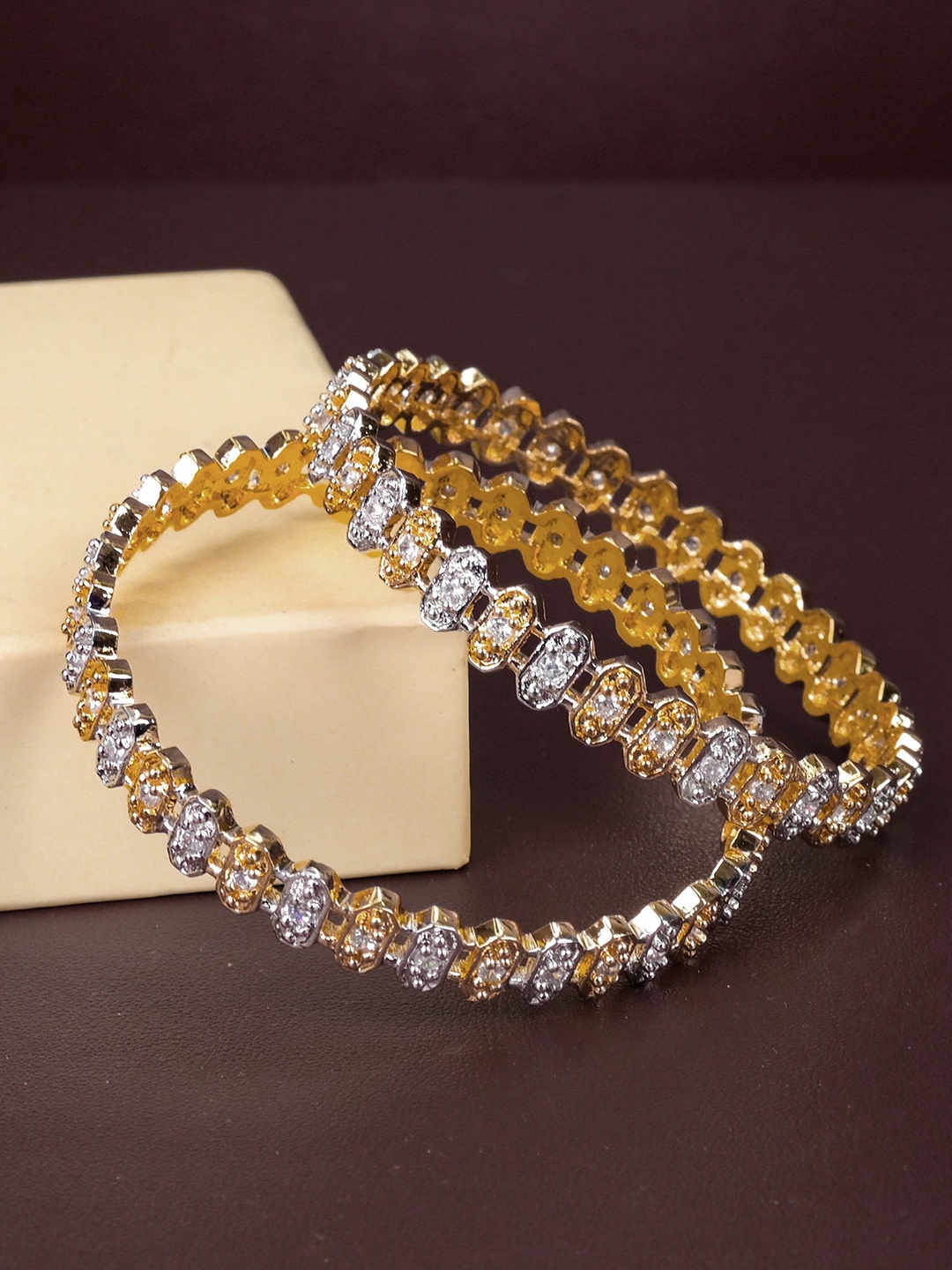 

Zevarly Set Of 2 Gold-Plated American Diamond Stone Studded Bangles
