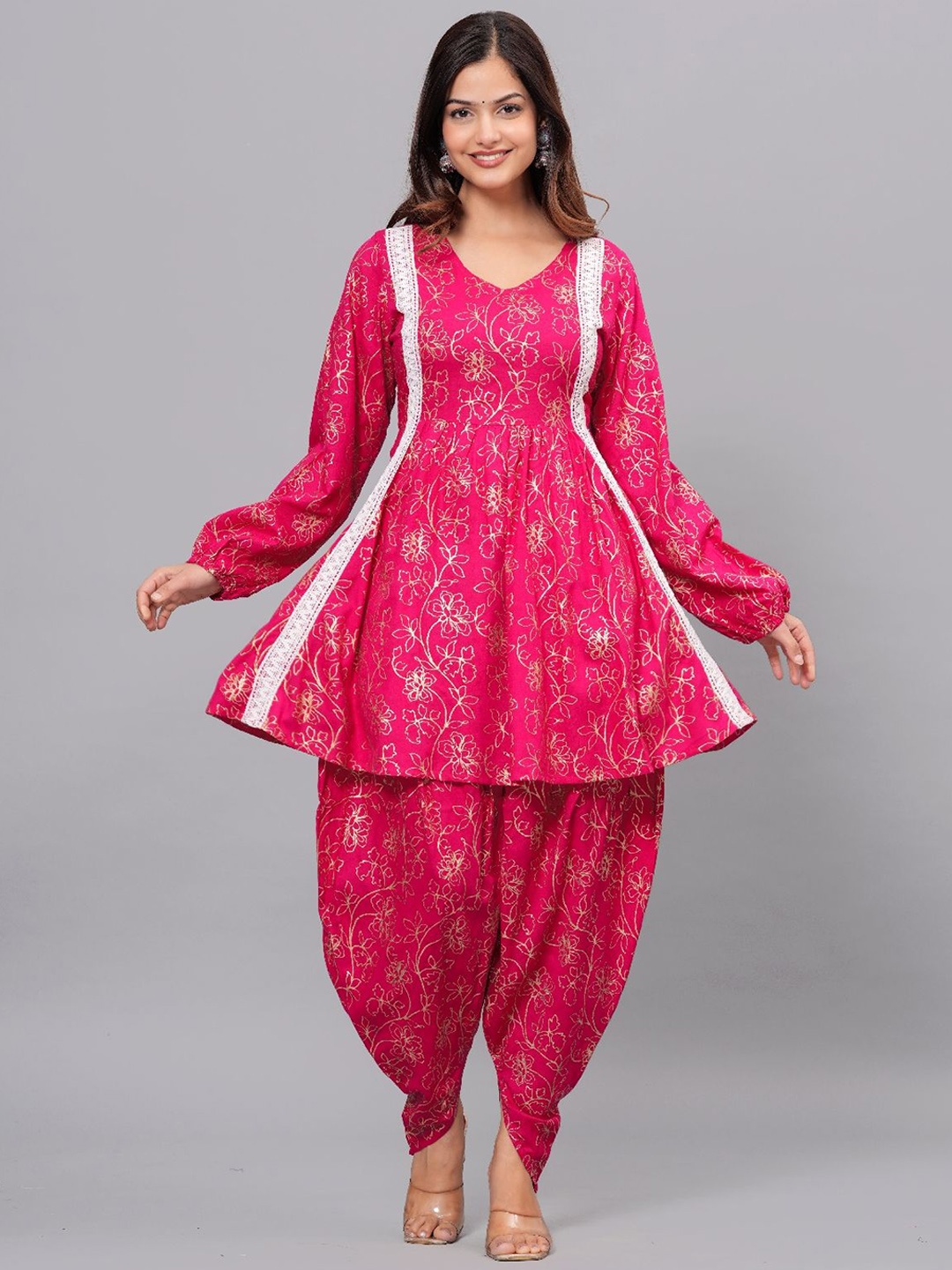 

Royal Marque Floral Printed V-Neck Puffed Sleeves A-Line Kurti With Dhoti Pant, Pink