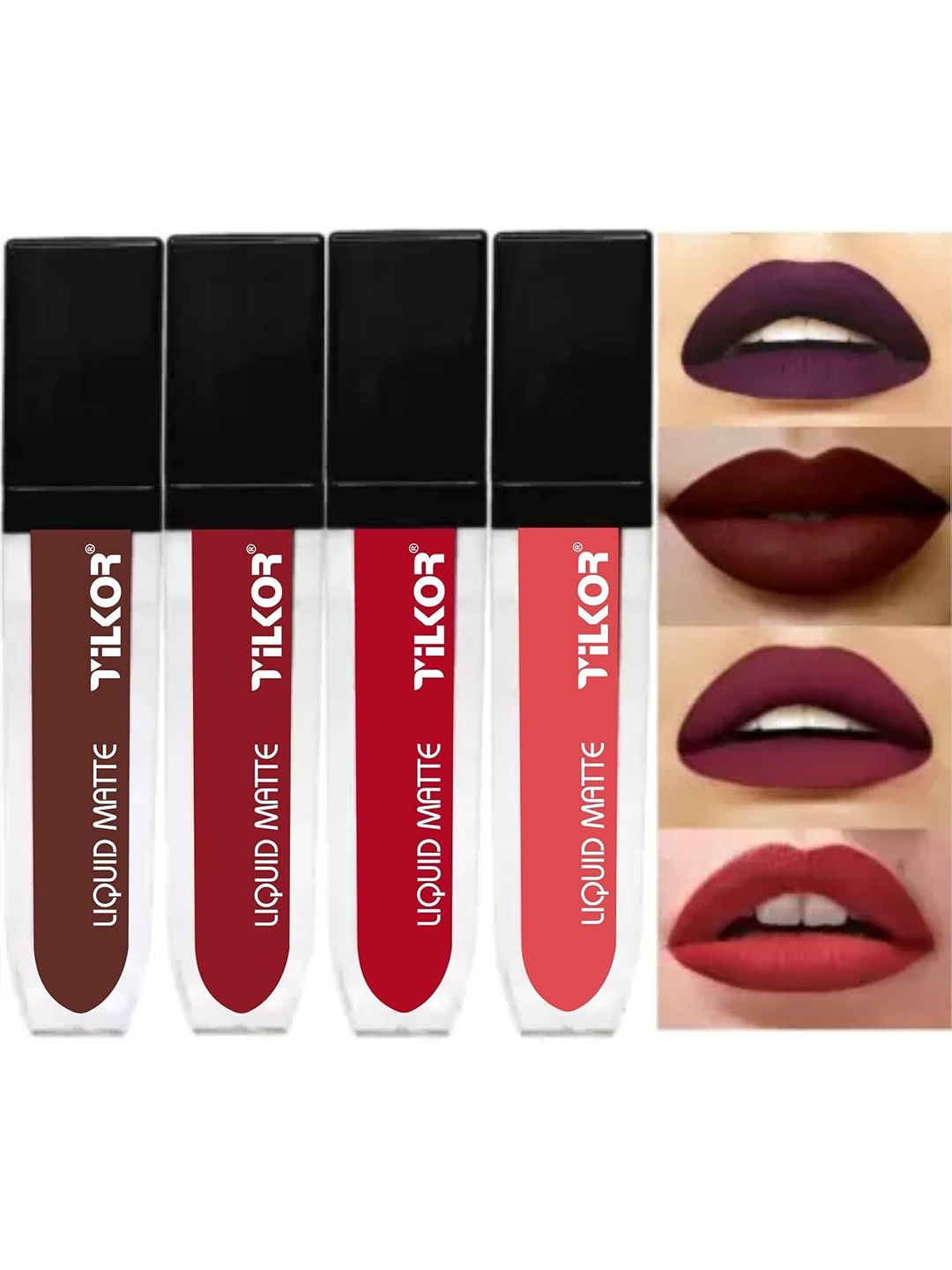 

TILKOR Liquid Matte Set Of 4 Mini Waterproof Lipstick- 4ml Each- Red- Deep Red- Wine- Pink
