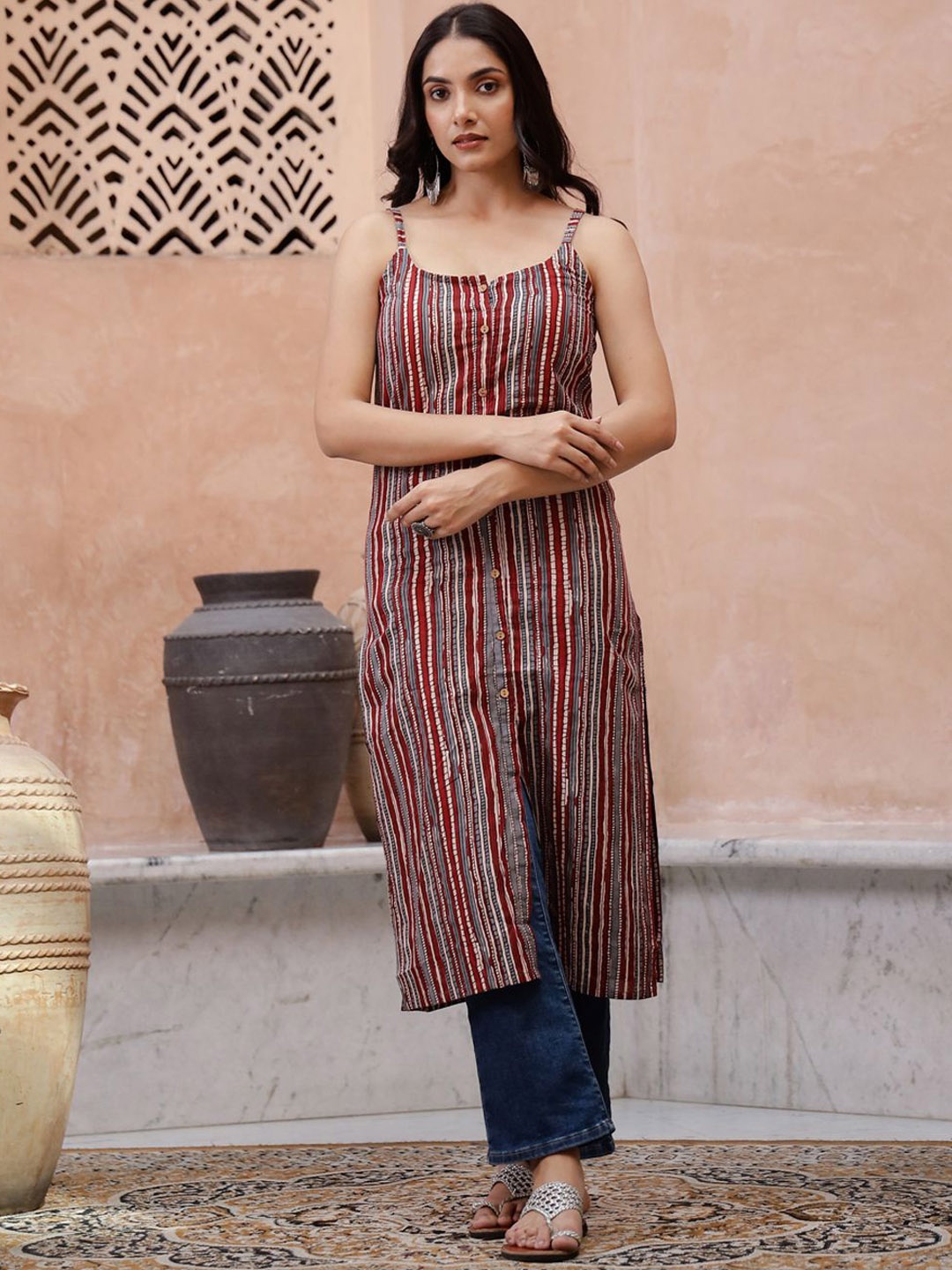 

Sangria Maroon Striped Shoulder Straps Pure Cotton Straight Kurta