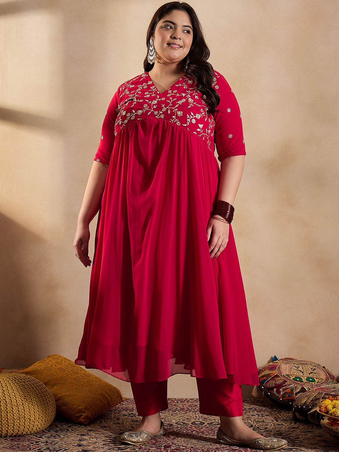 

INDDUS PLUS Floral Embroidered Empire Sequinned Georgette Anarkali Kurta with Trousers, Red