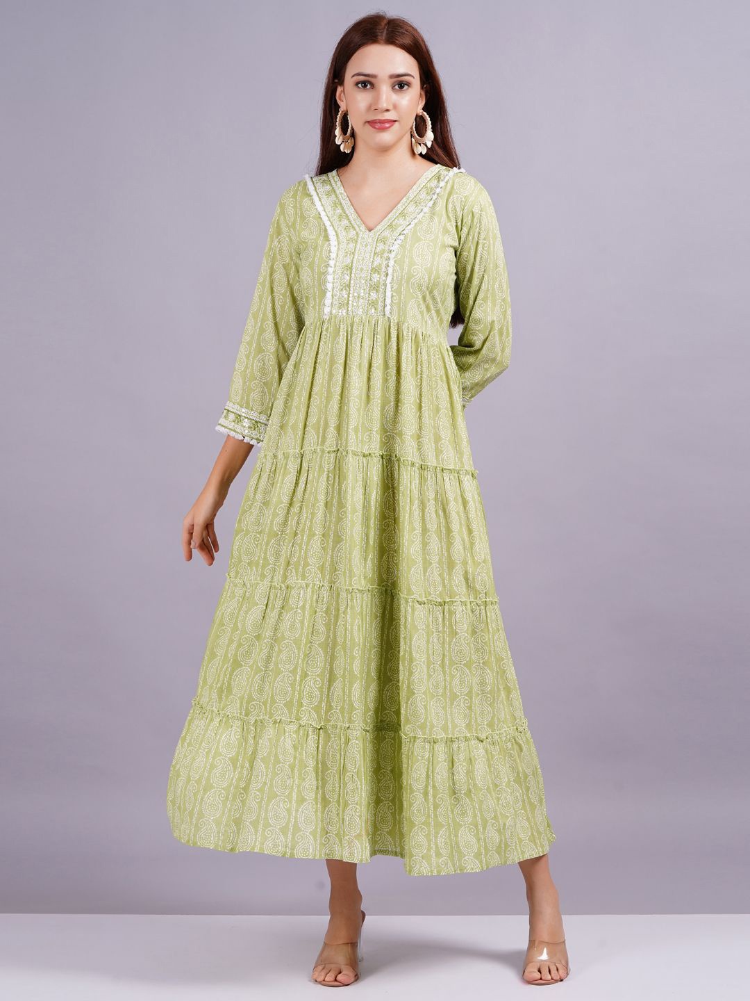 

HIGHLIGHT FASHION EXPORT Women Cotton Printed V-Neck Three-Quarter Sleeves Maxi Dress, Green