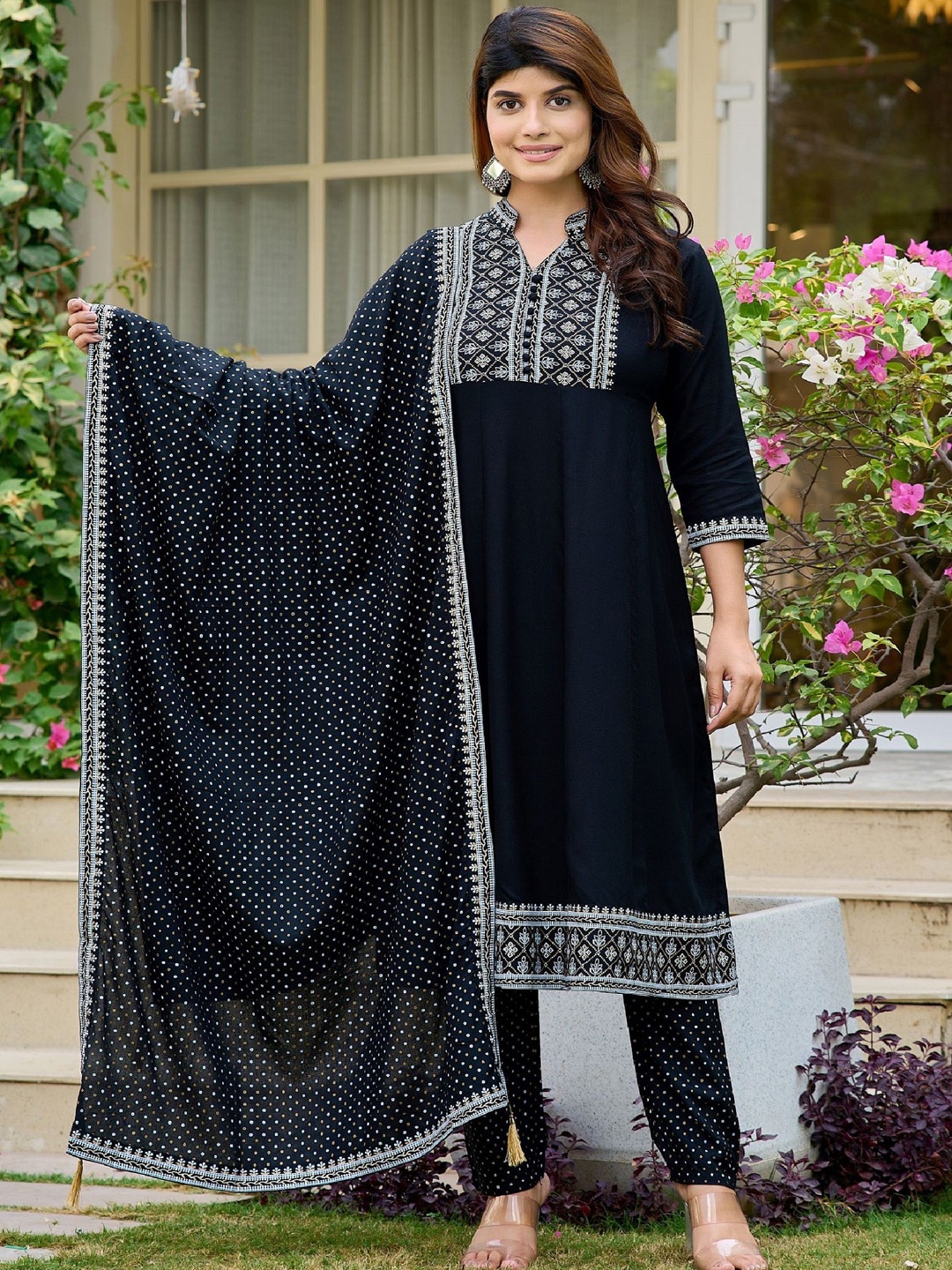 

KALINI Mandarin Collar Floral Yoke Design Straight Kurta with Trouser & Dupatta, Black