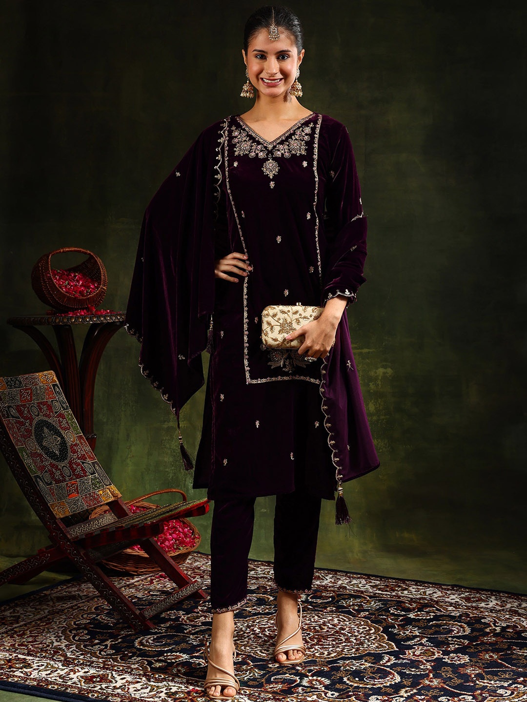 

KALINI Floral Embroidered Velvet Kurta with Trousers & With Dupatta, Magenta