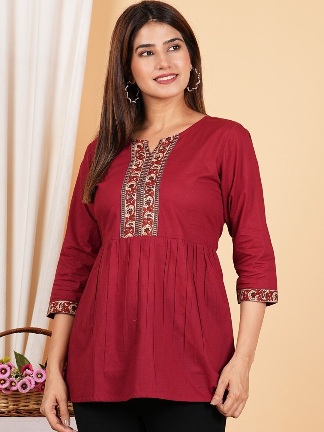 

IKRASS Women Printed Pure Cotton Tunic, Maroon