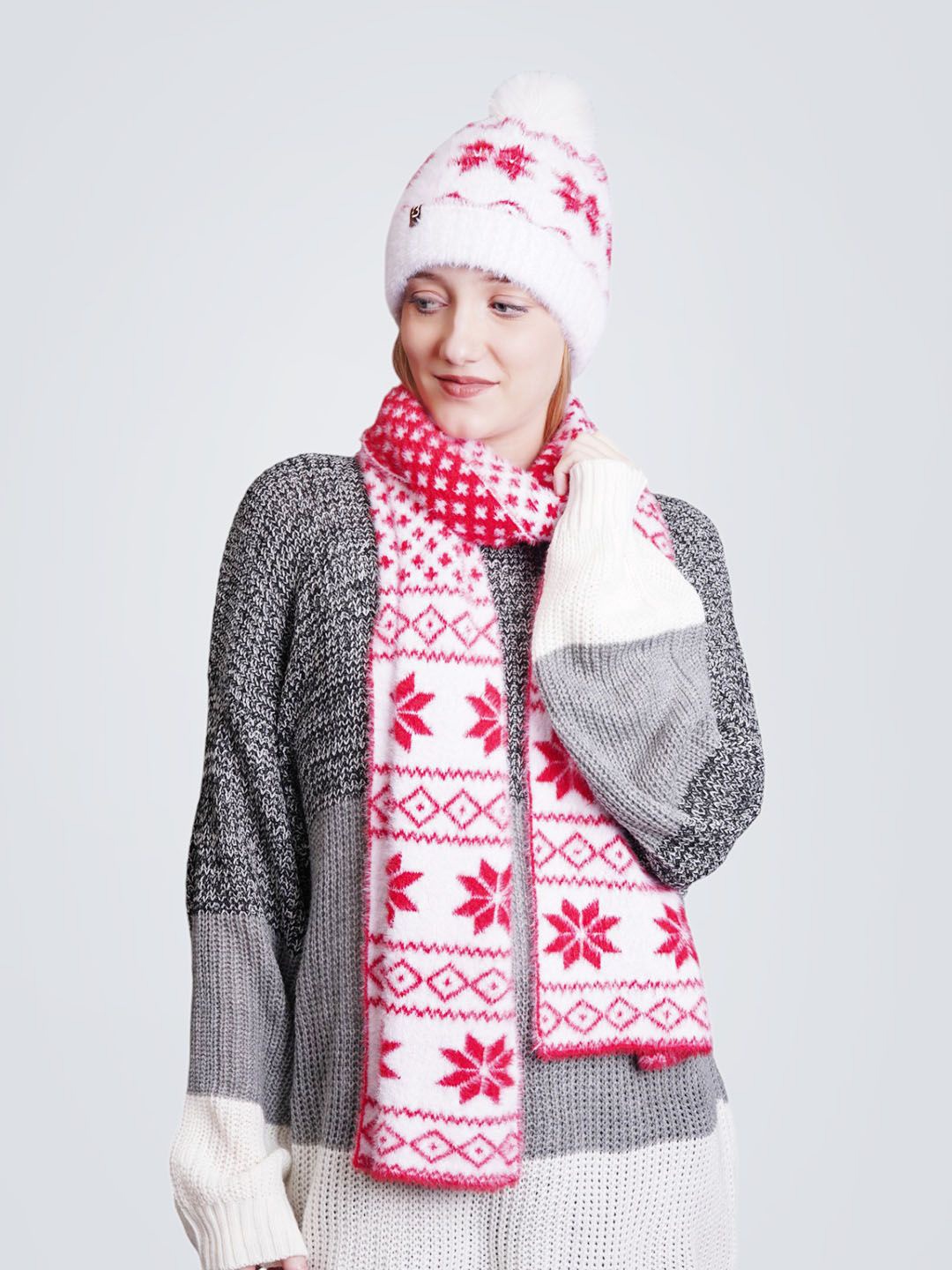 

Bharatasya Women Printed Faux Fur pom knitted Cap & Muffler Set, White