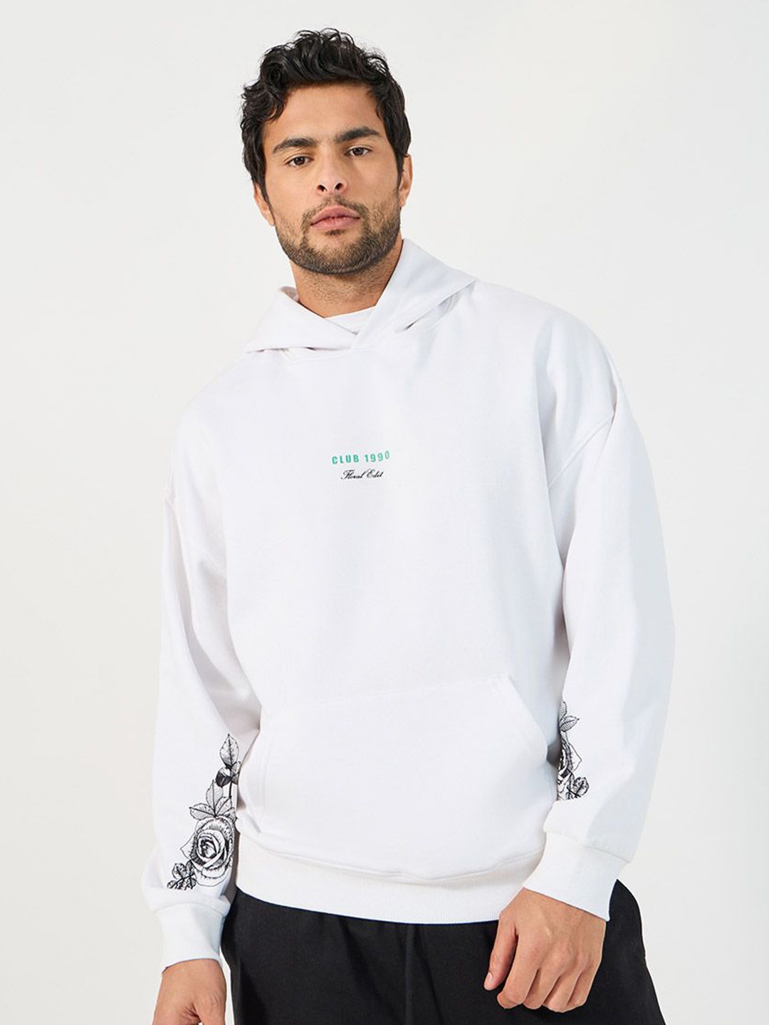 

Styli Men Floral Printed Hooded Oversized Fit Sweatshirt, White
