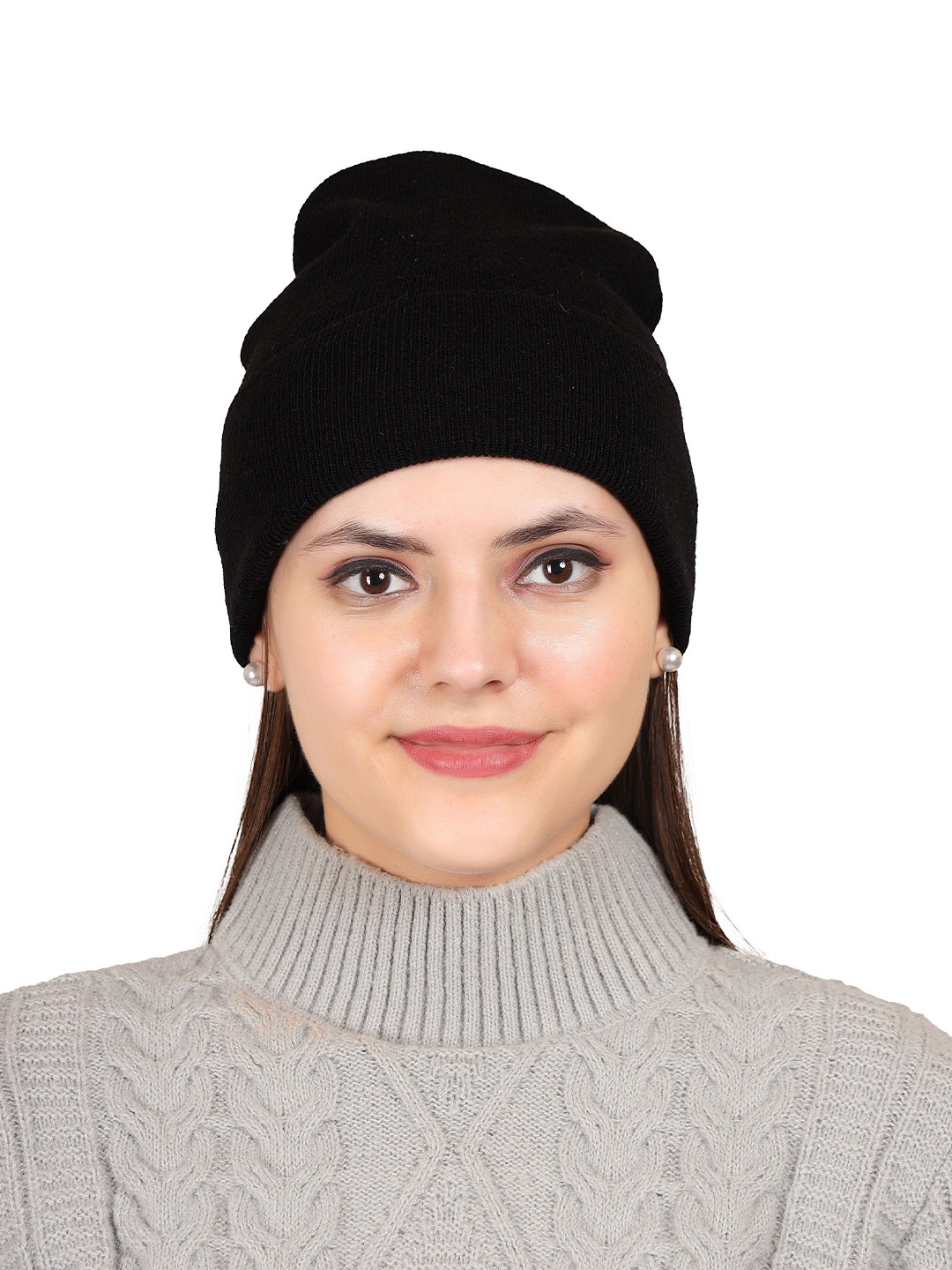 

Model Women Self Design Woollen Beanie Caps, Black