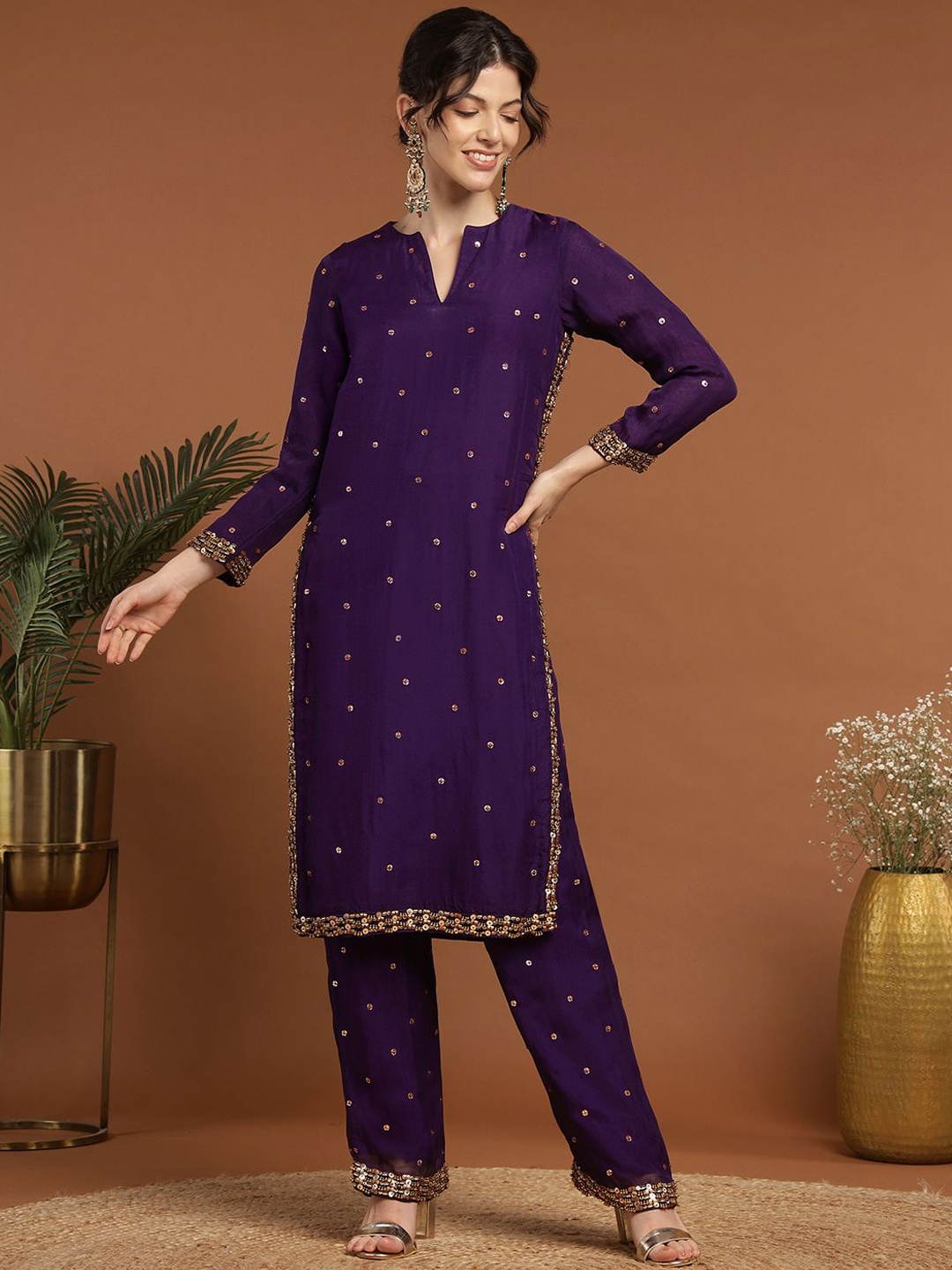 

RIRASA Floral Embroidered Sequinned Kurta with Trouser & Dupatta, Purple