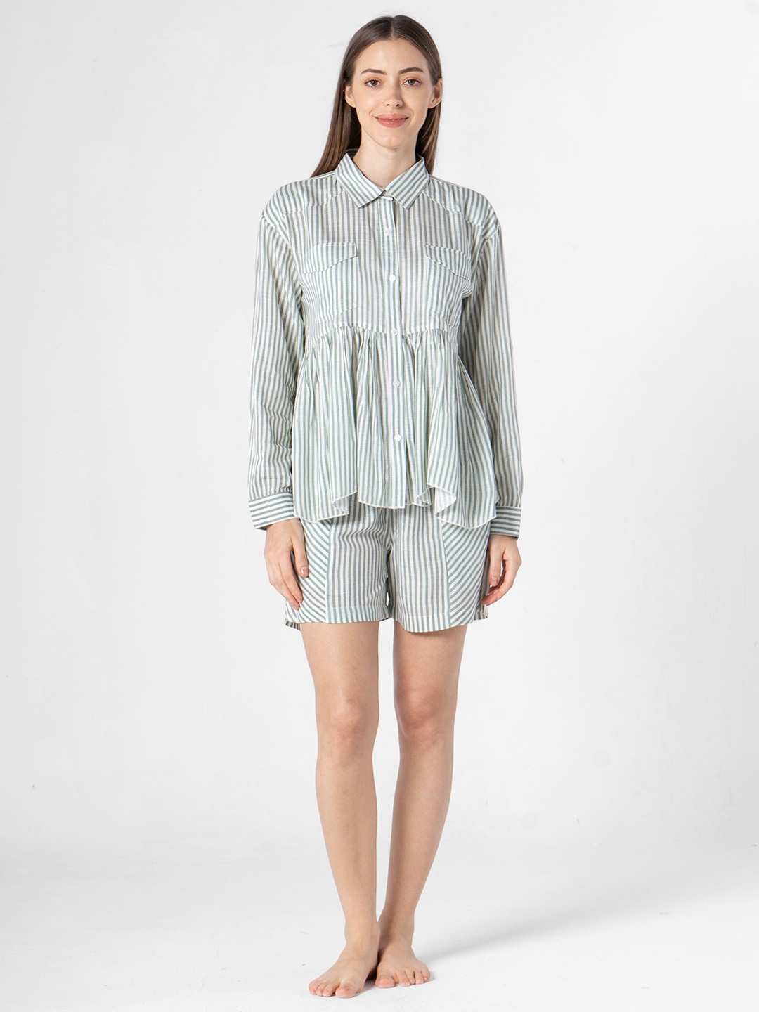 

SANSKRUTIHOMES Striped Pure Cotton Night suit, White