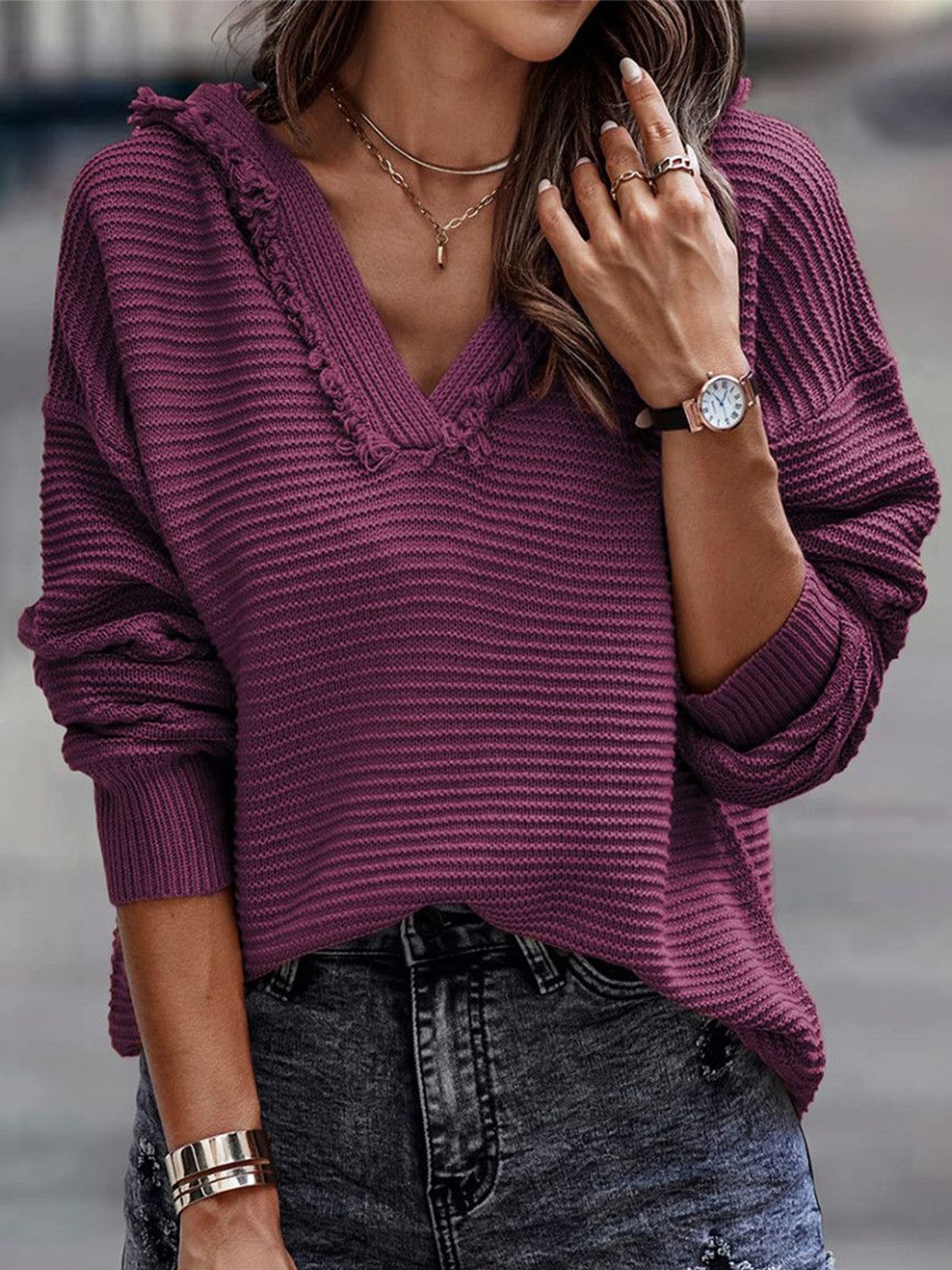 

StyleCast Women Solid Hooded Pullover, Violet