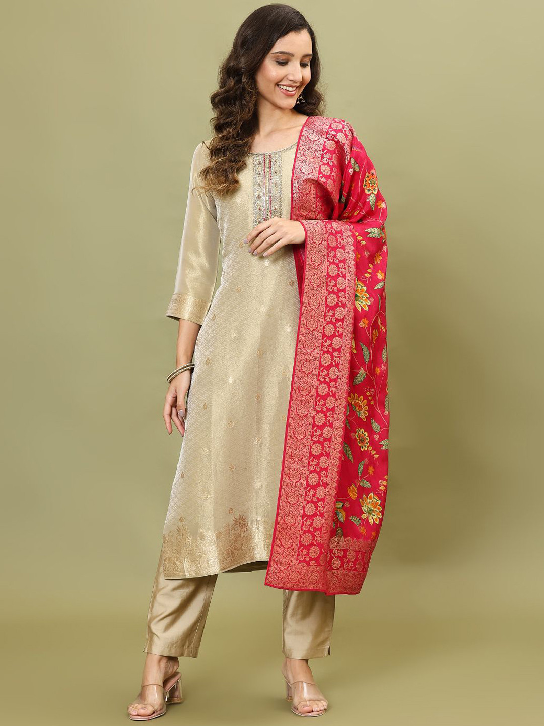 

Meena Bazaar Women Embroidered Regular Beads and Stones Kurta with Trousers & With Dupatta, Beige