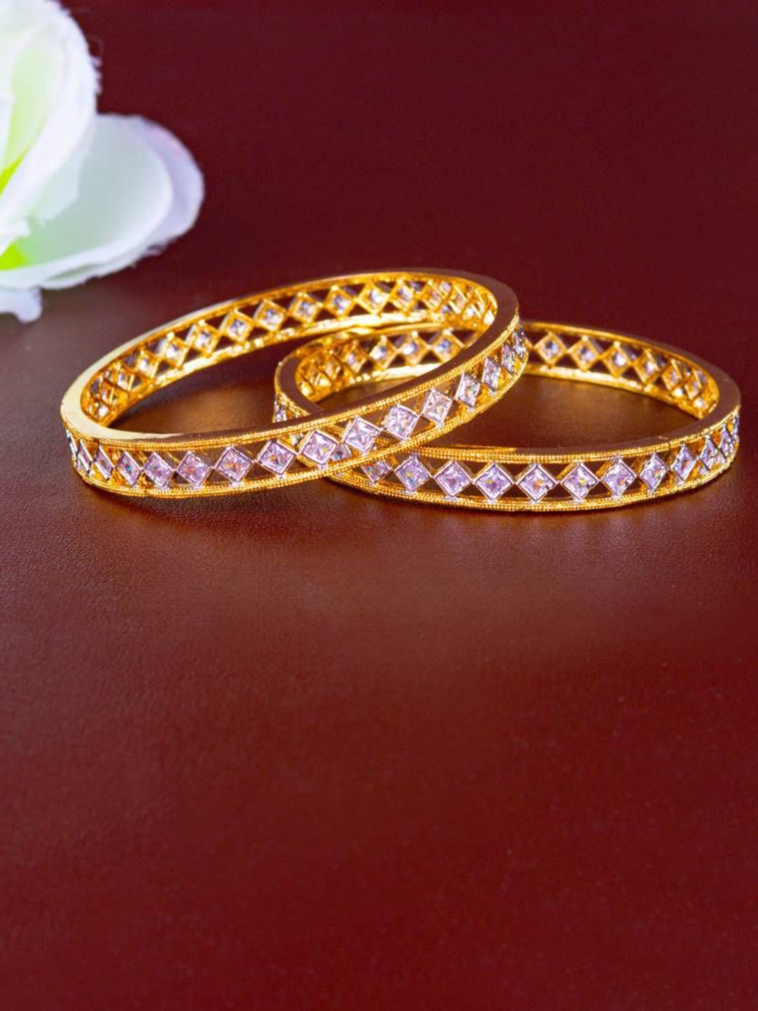 

Zevarly Set Of 2 Gold Plated American Diamond Stone Studded Bangles