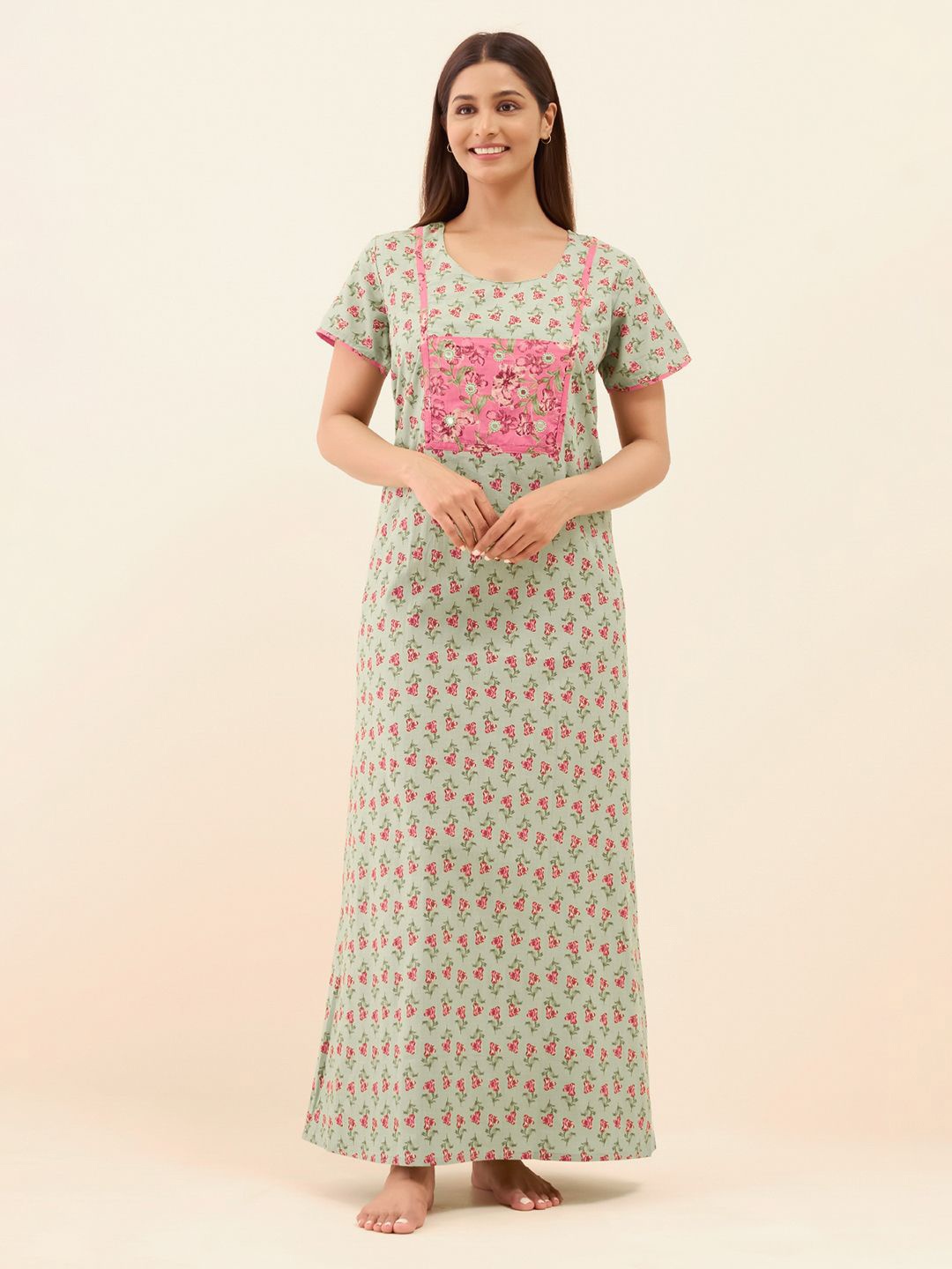 

Maybell Women Floral Printed Pure Cotton Maxi Nightdress, Green