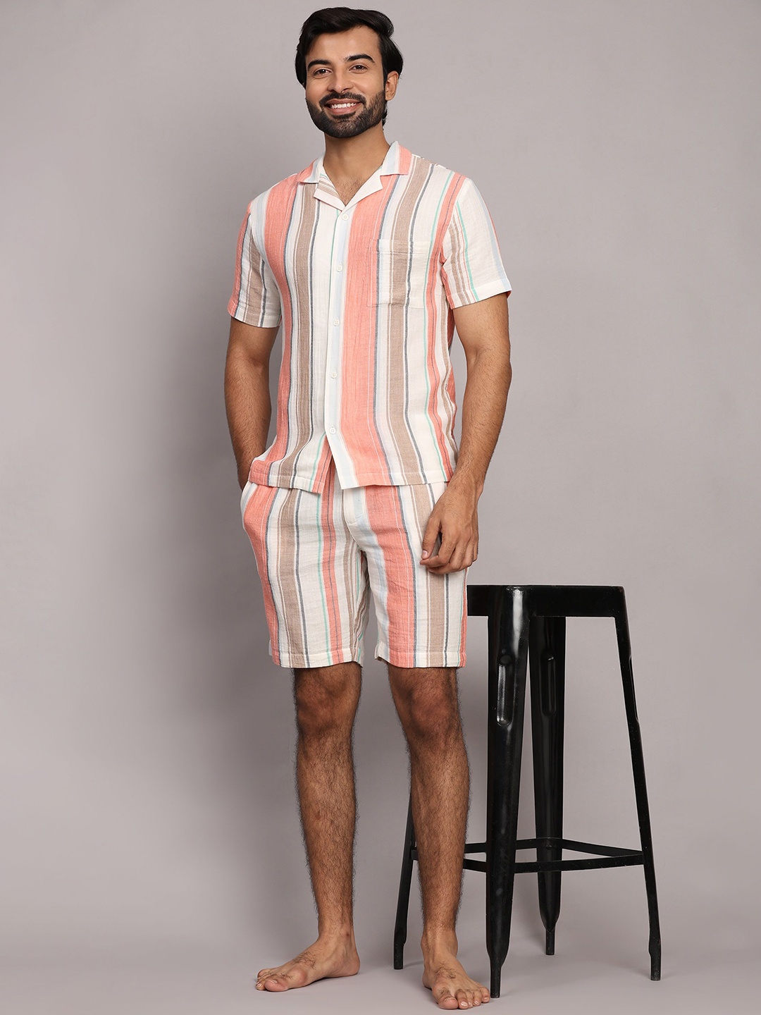 

BStories Men Striped Pure Cotton Shirt Collar Short Sleeves Night suit, Pink