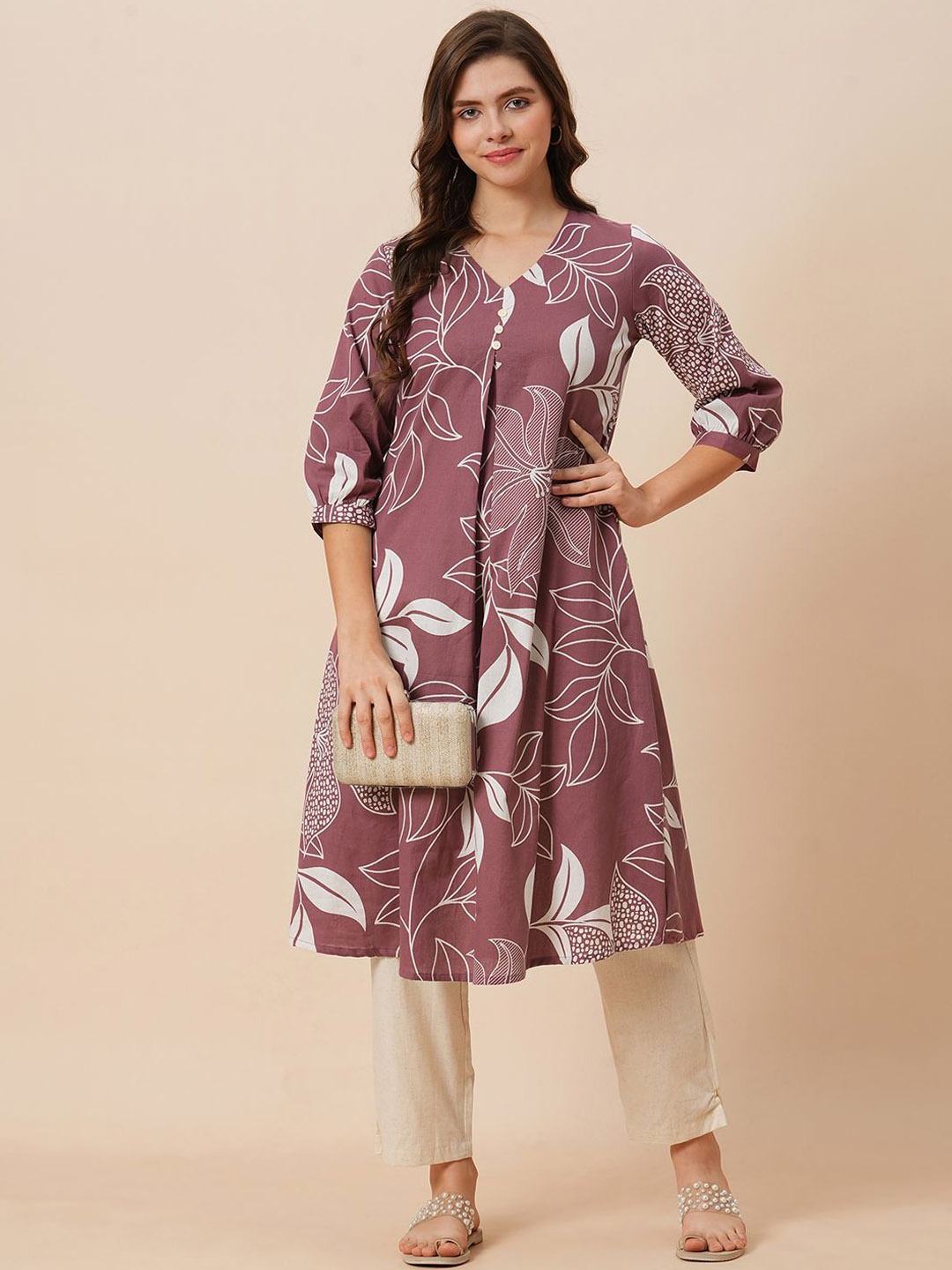 

KALINI V-Neck Floral Printed Pleated Pure Cotton A-Line Kurta with Trousers, Mauve