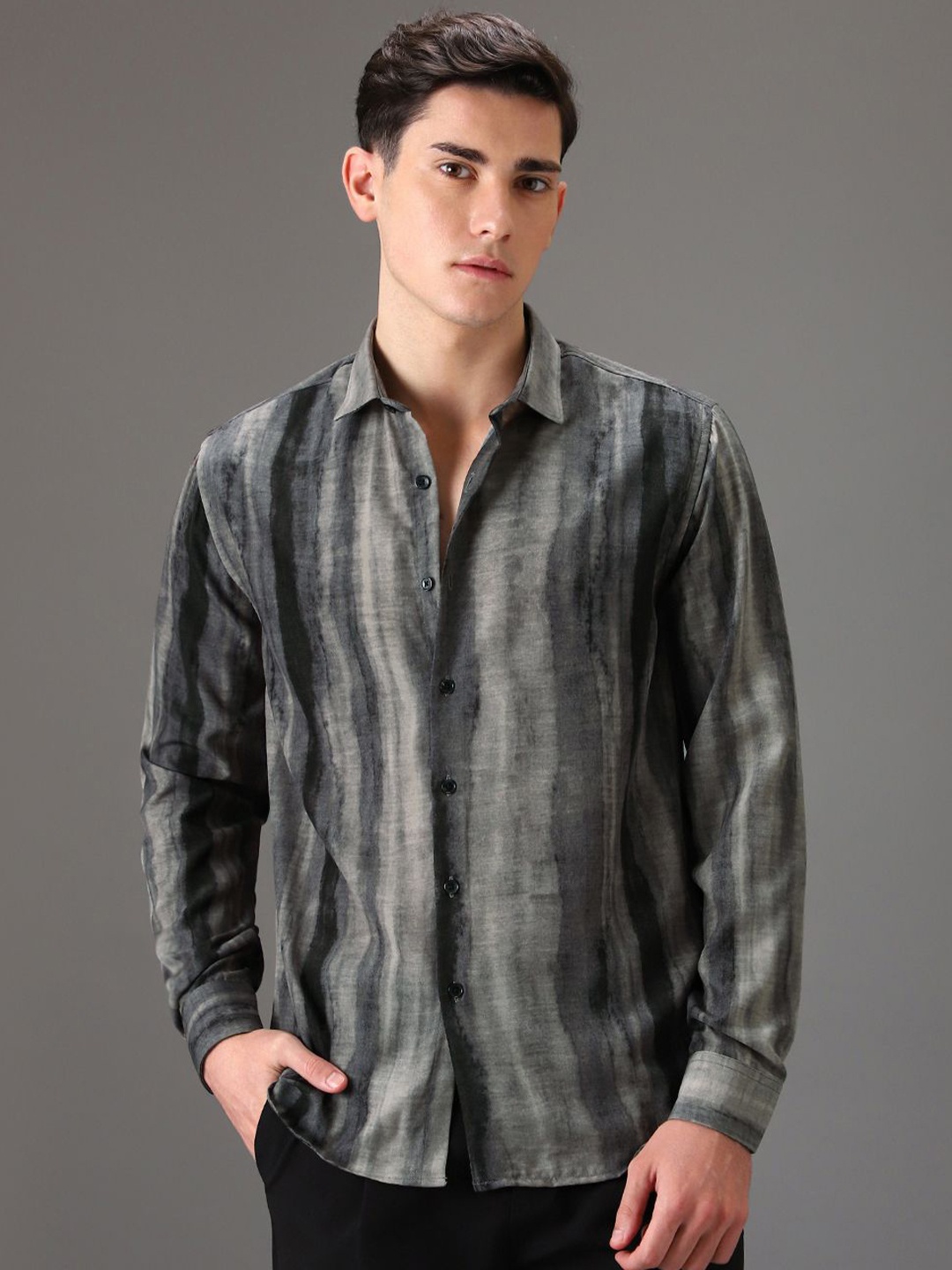 

Banana Club Men Classic Slim Fit Printed Casual Satin Shirt, Grey