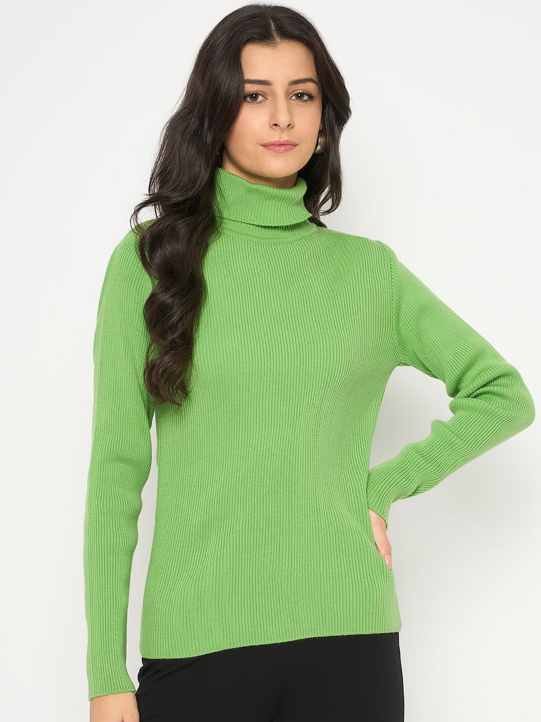 

Madame Women Turtle Neck Longline Pullover, Green