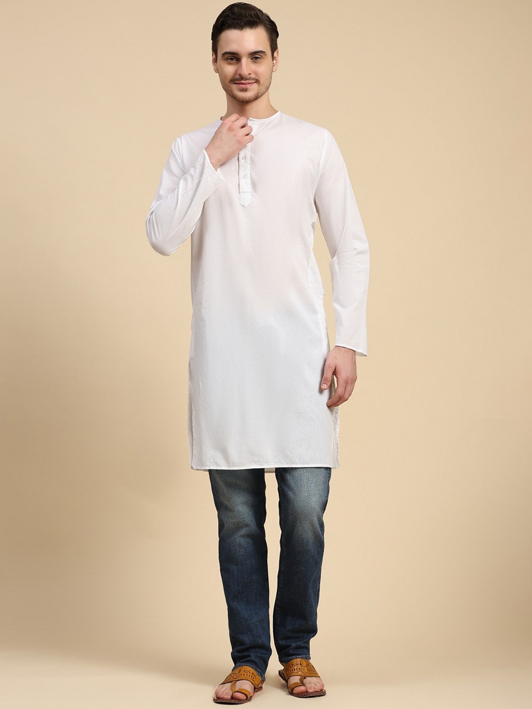 

SKAVIJ Band Collar Cotton Straight Kurta, White