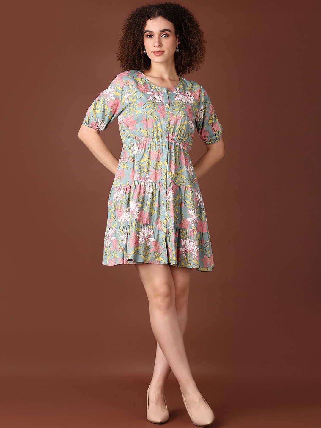 

V-Mart Women Floral Printed Tiered A-Line Mini Dress, Green