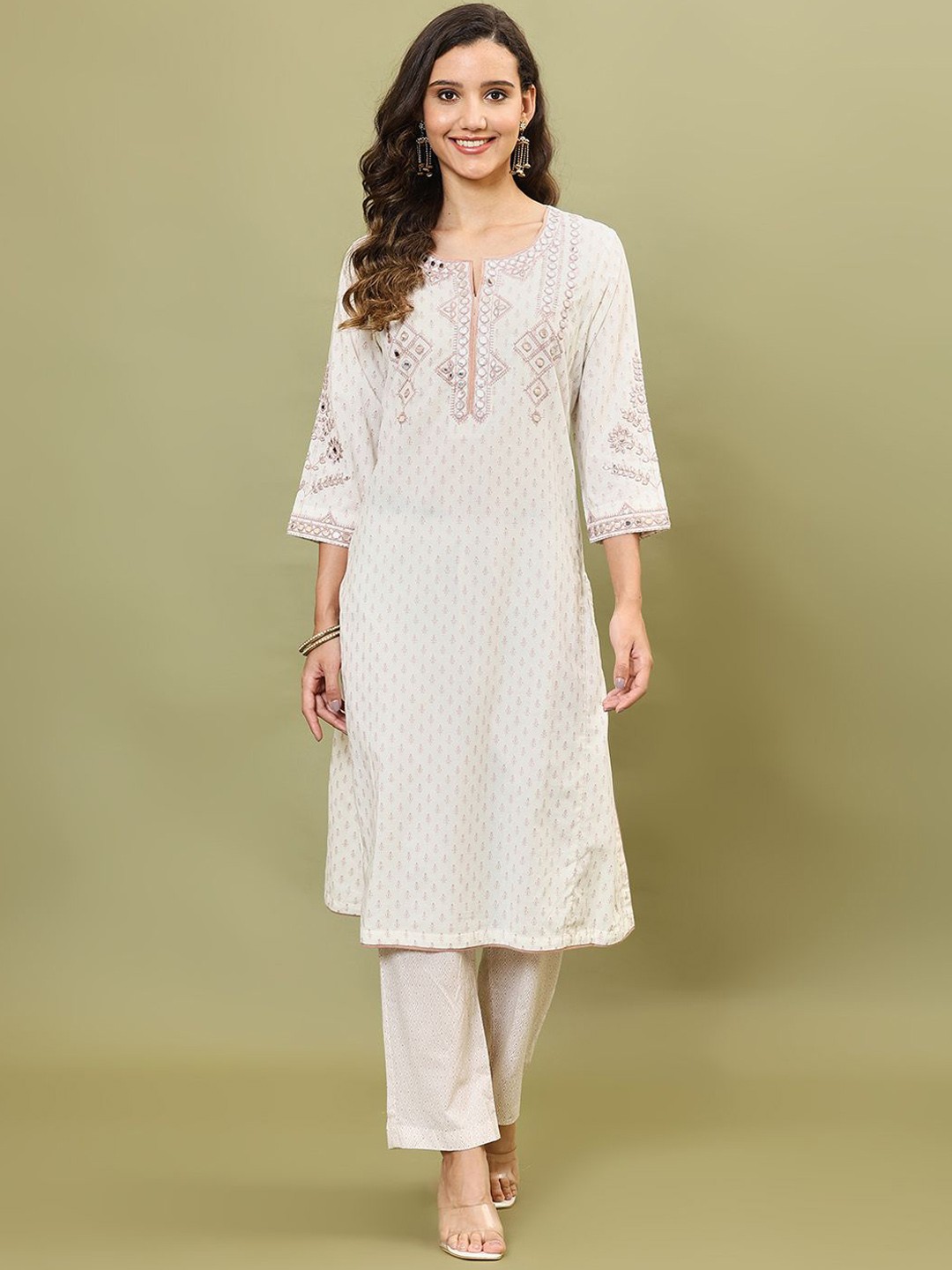 

Meena Bazaar Geometric Embroidered Thread Work Straight Kurta with Trousers, Cream