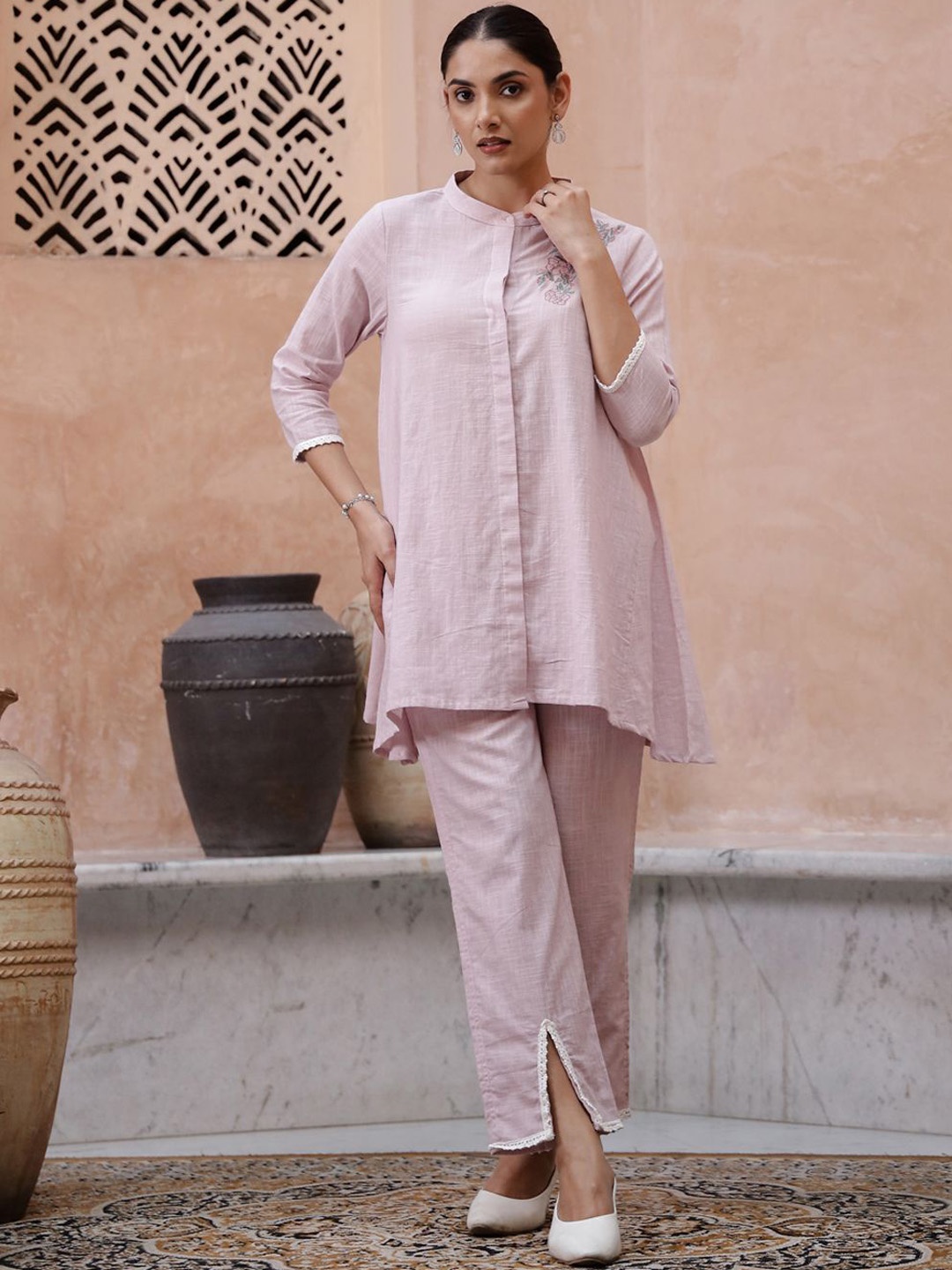 

RangDeep Embroidered Mandarin Collar Pure Cotton Top With Trouser, Pink