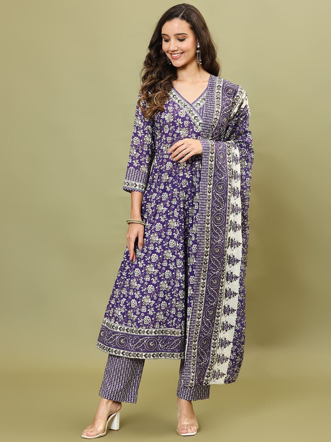 

Meena Bazaar V-Neck Floral Printed Angarkha Anarkali Kurta with Trouser & Dupatta, Purple