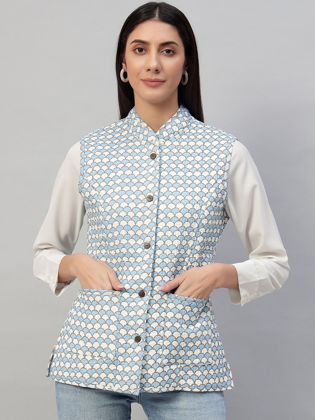 

HANDICRAFT PALACE Printed Longline Quilted Jacket, Turquoise blue