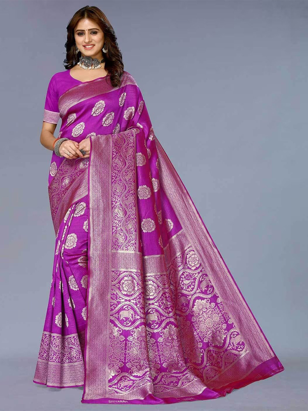 

KALINI Woven Design Zari Pure Silk Banarasi Saree, Purple