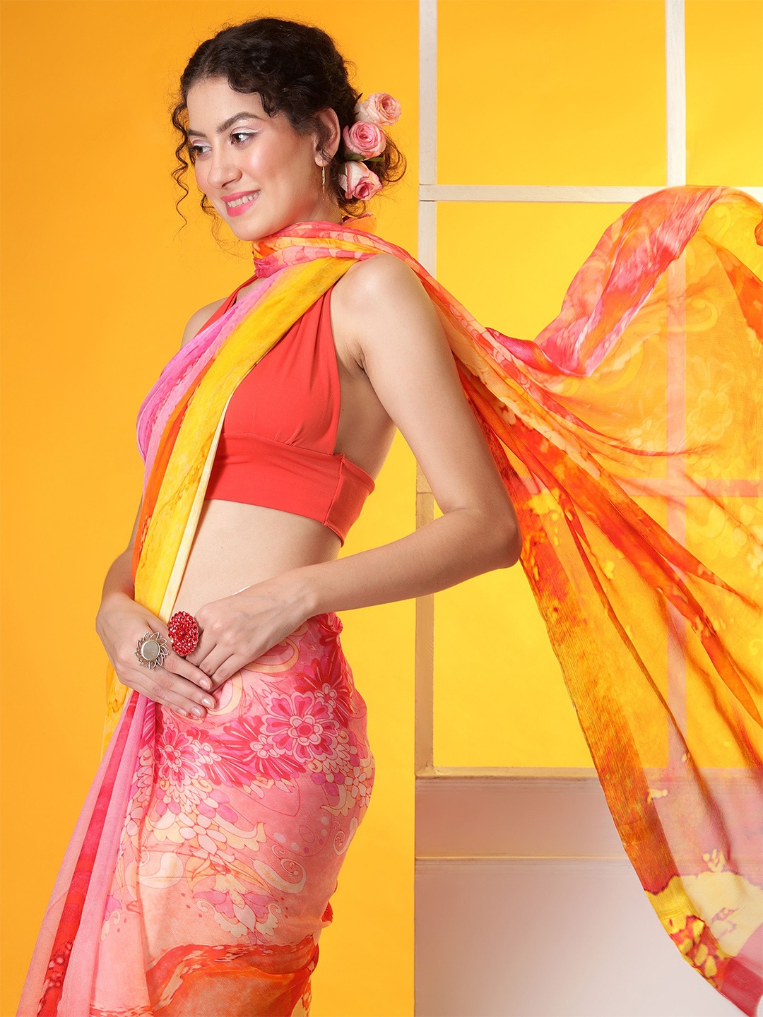 

REETI OF PRINTS Floral Printed Pure Chiffon Daily Wear Saree, Yellow