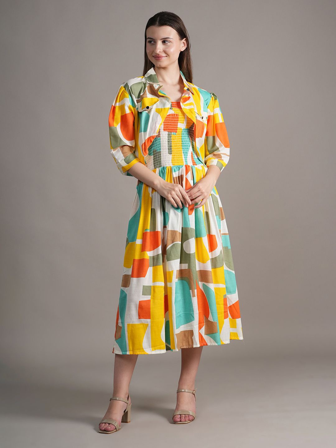 

BAESD Women Cotton Square Neck A-Line Midi Dress, Yellow