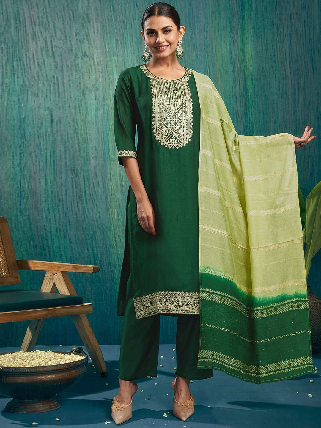 

SKYLEE Green Ethnic Motifs Embroidered Yoke Design Sequinned Kurta With Trousers & Dupatta