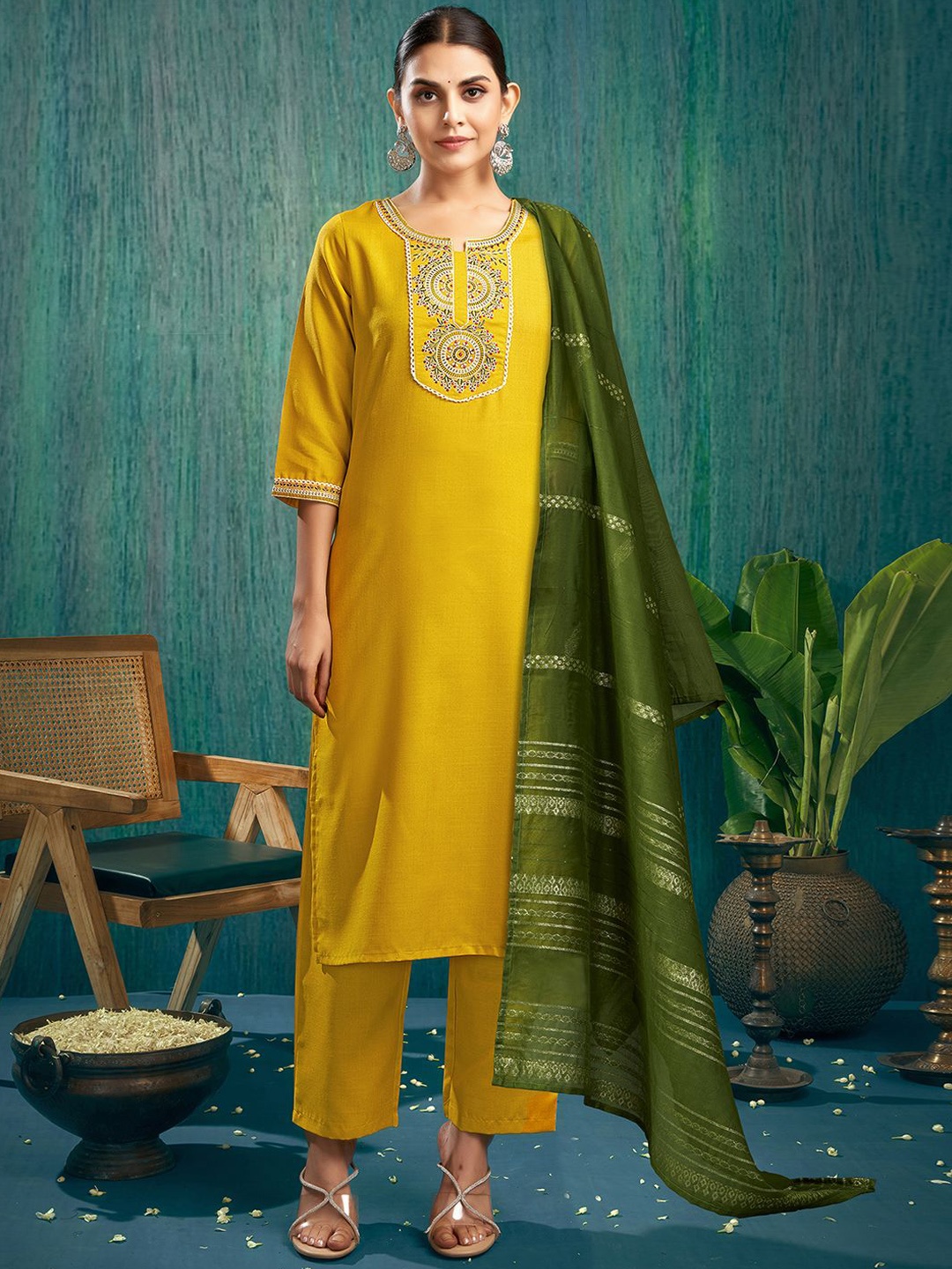 

SKYLEE Mustard Yellow Embroidered Yoke Design Thread Work Kurta With Trousers & Dupatta