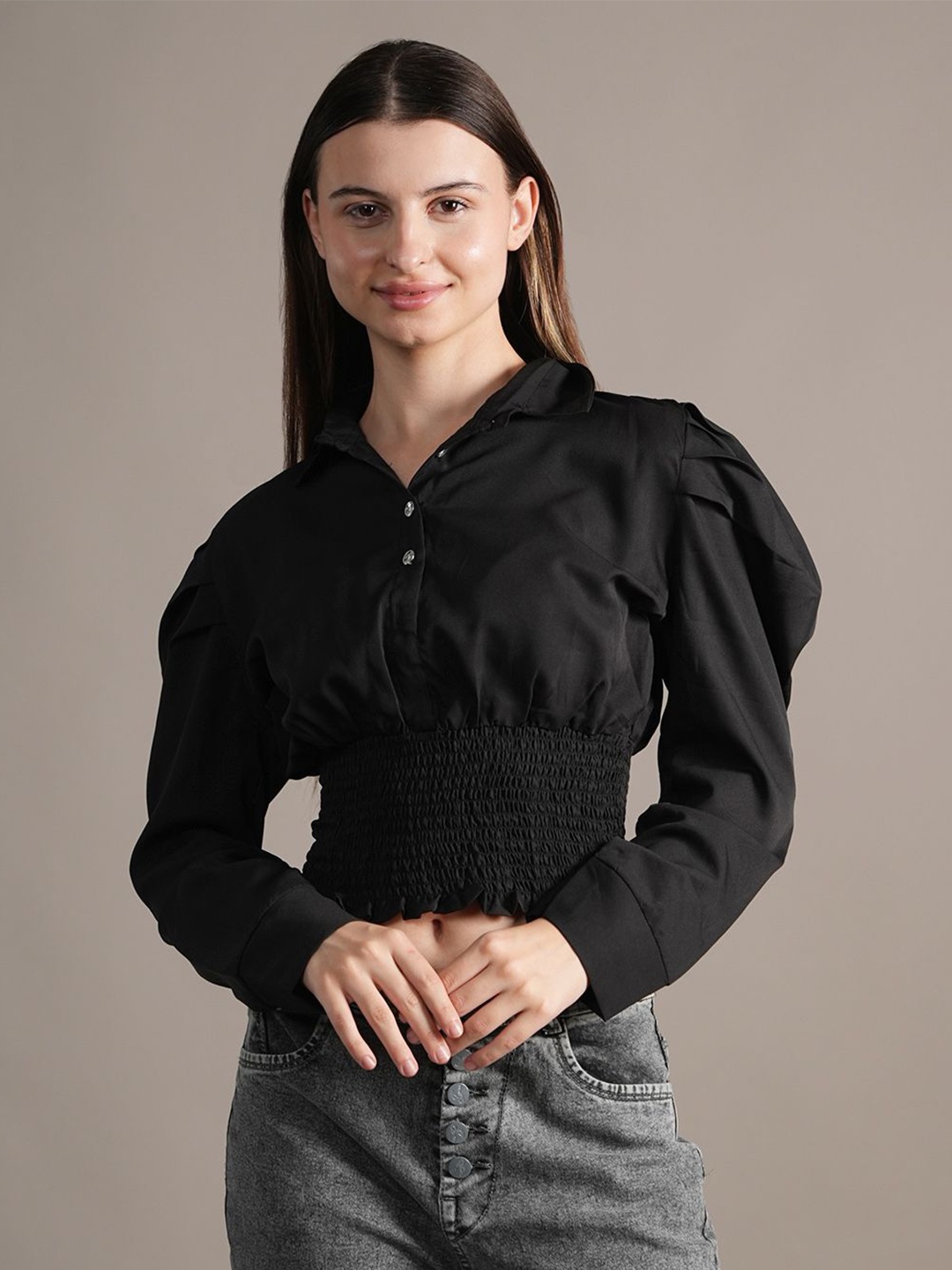 

BAESD Women Cuffed Sleeves Shirt Style Crop Top, Black