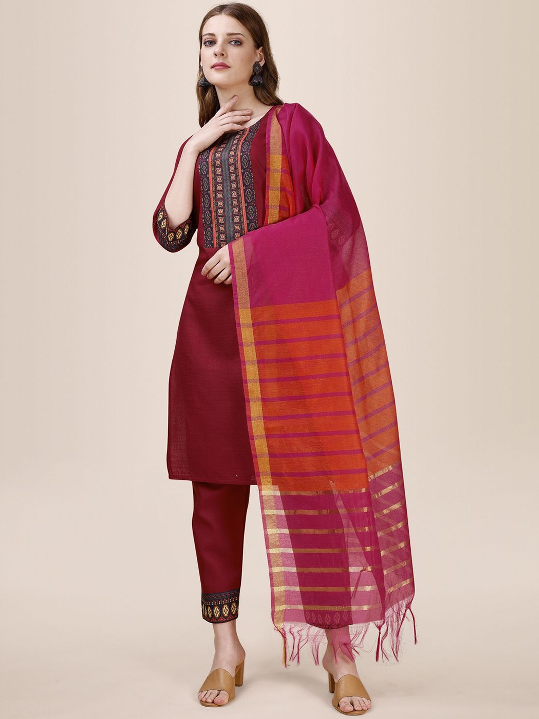 

Sidhidata Geometric Yoke Design Straight Kurta With Trouser & Dupatta, Maroon
