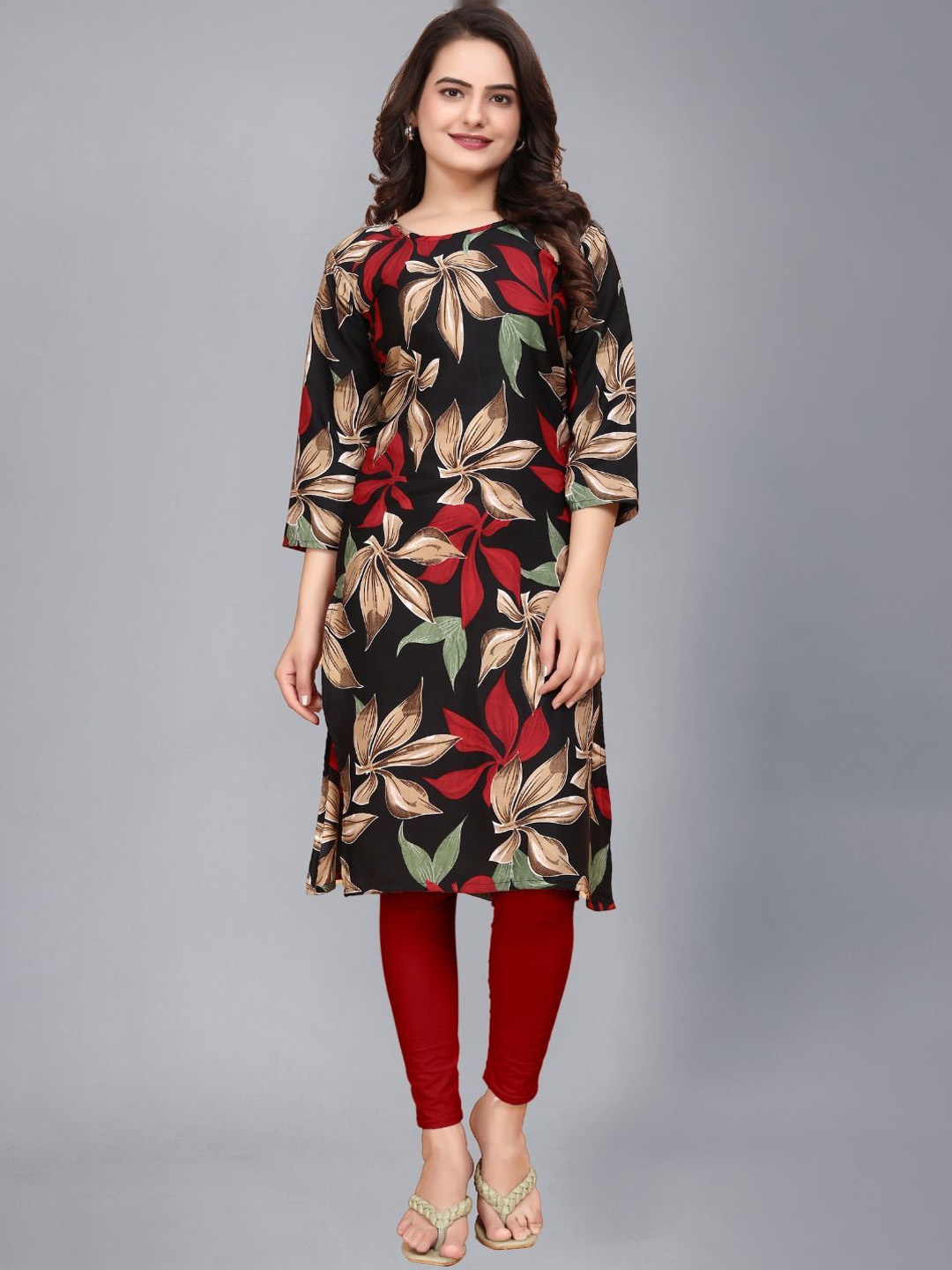 

AK FASHION MALL Floral Printed Round Neck Crepe Straight Kurta, Black