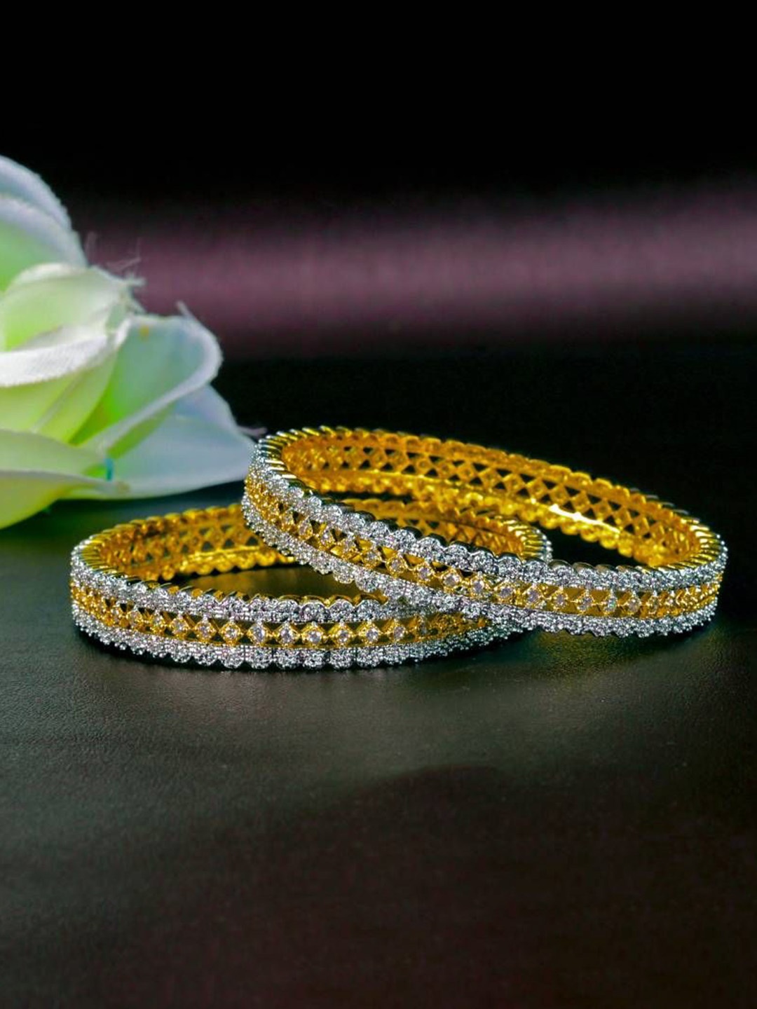 

Zevarly Set Of 2 Gold Plated American Diamond Stone Studded Bangles
