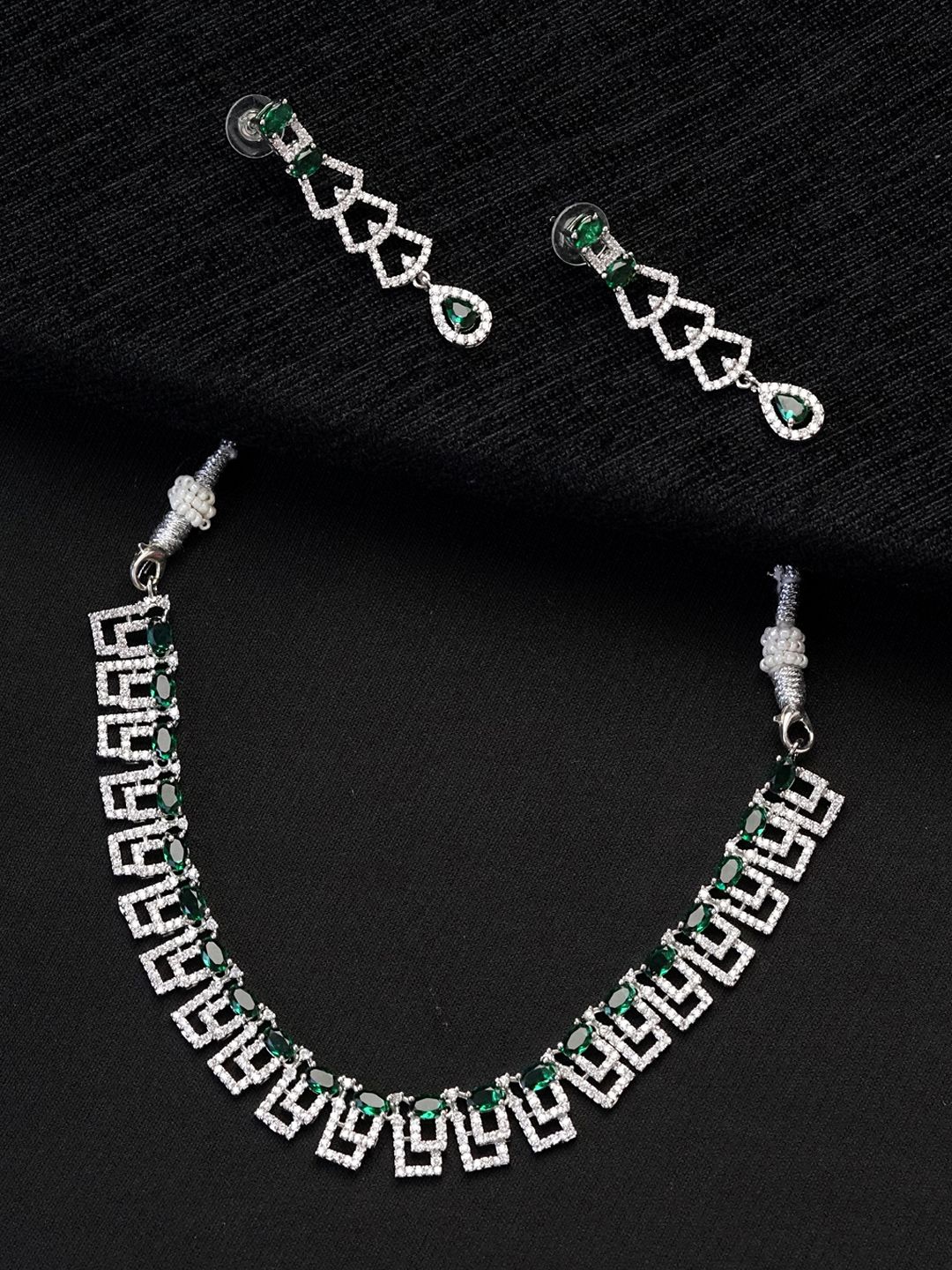 

Zoey Rhodium Plated American Diamond & Cubic Zirconia Stone Studded Jewellery Set, Silver
