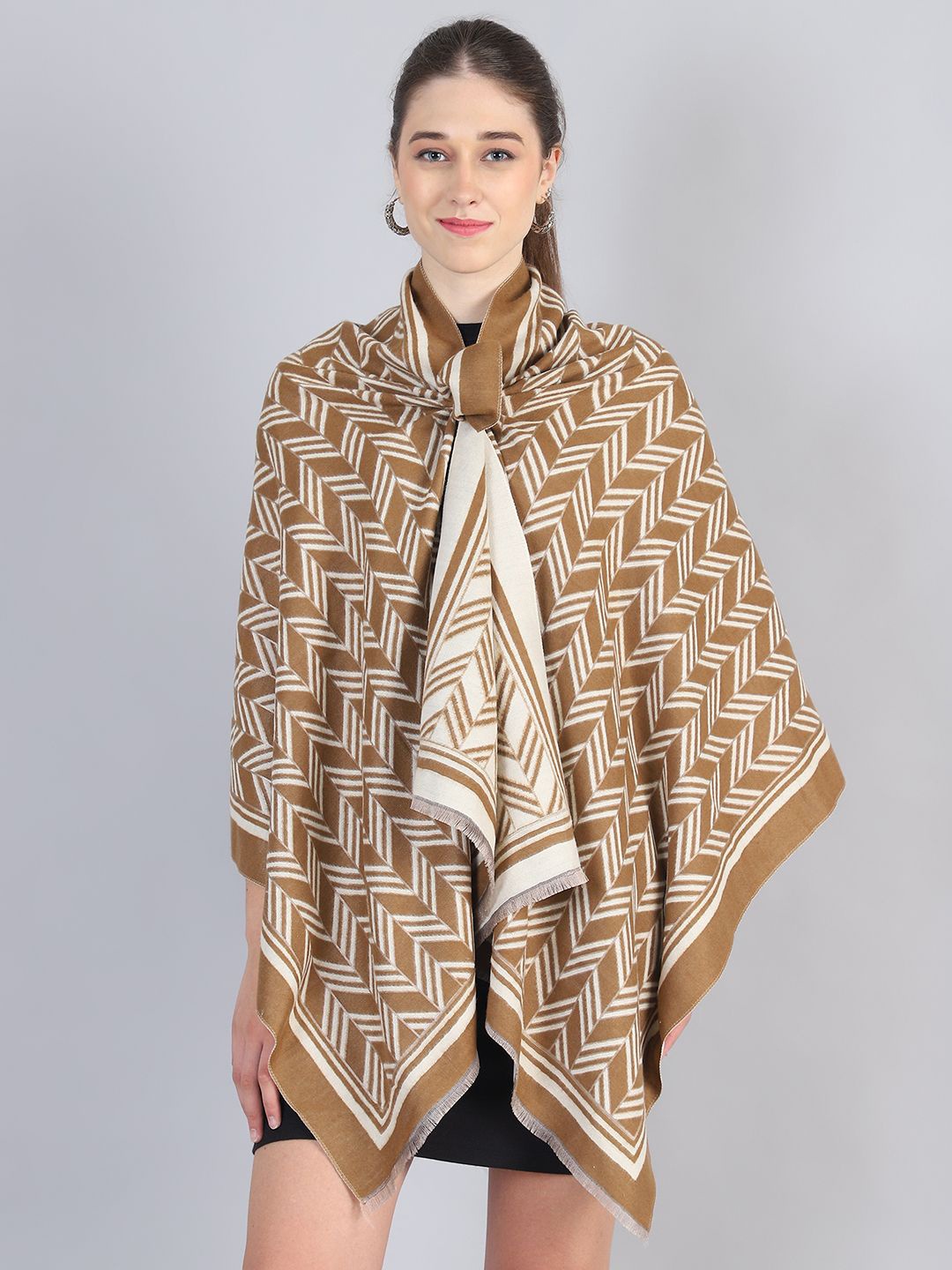 

ELLIS Women Acrylic Woven Design Stole With Fringed Border, Brown